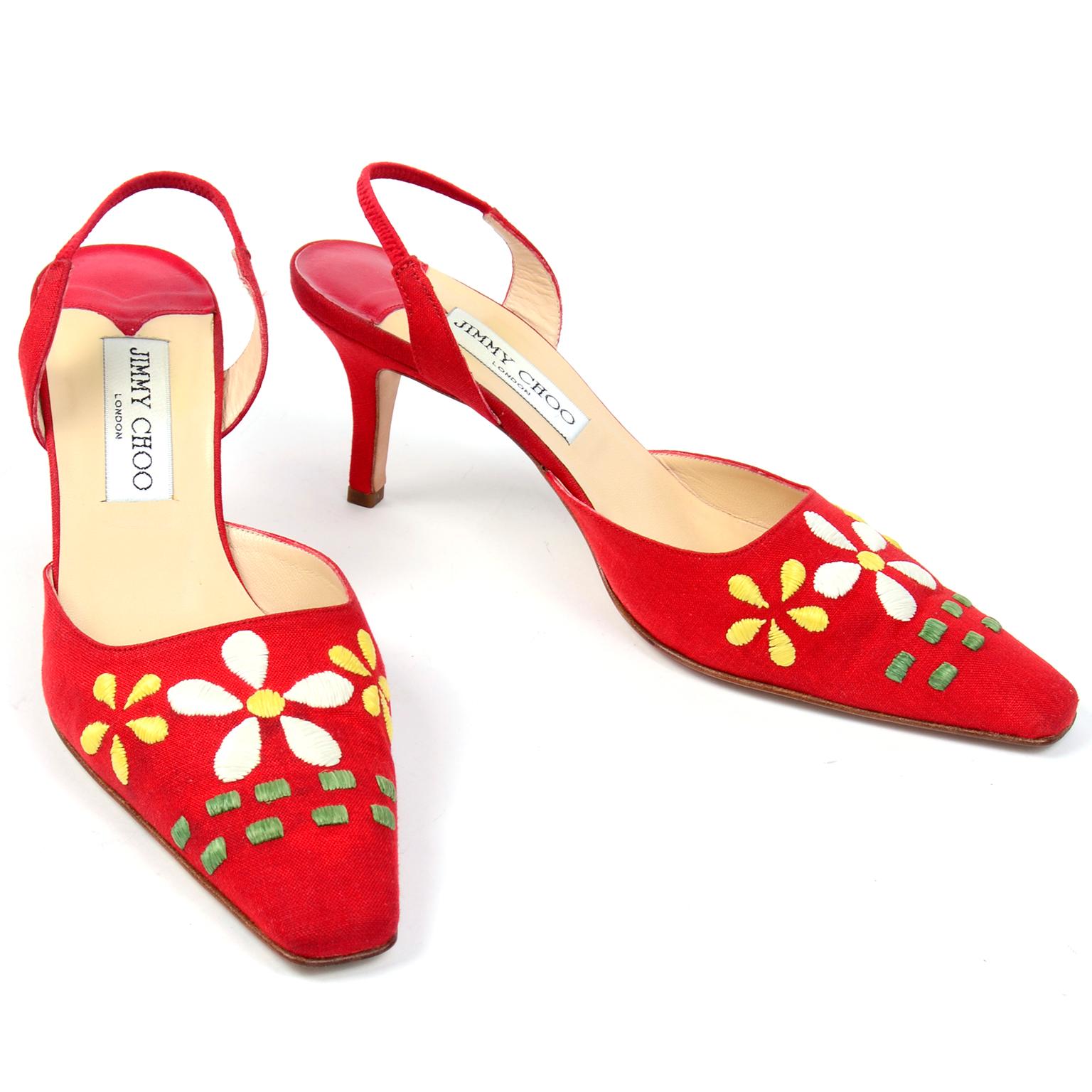 Women's Red Linen Jimmy Choo Slingback Heel Shoes With Daisy Flowers
