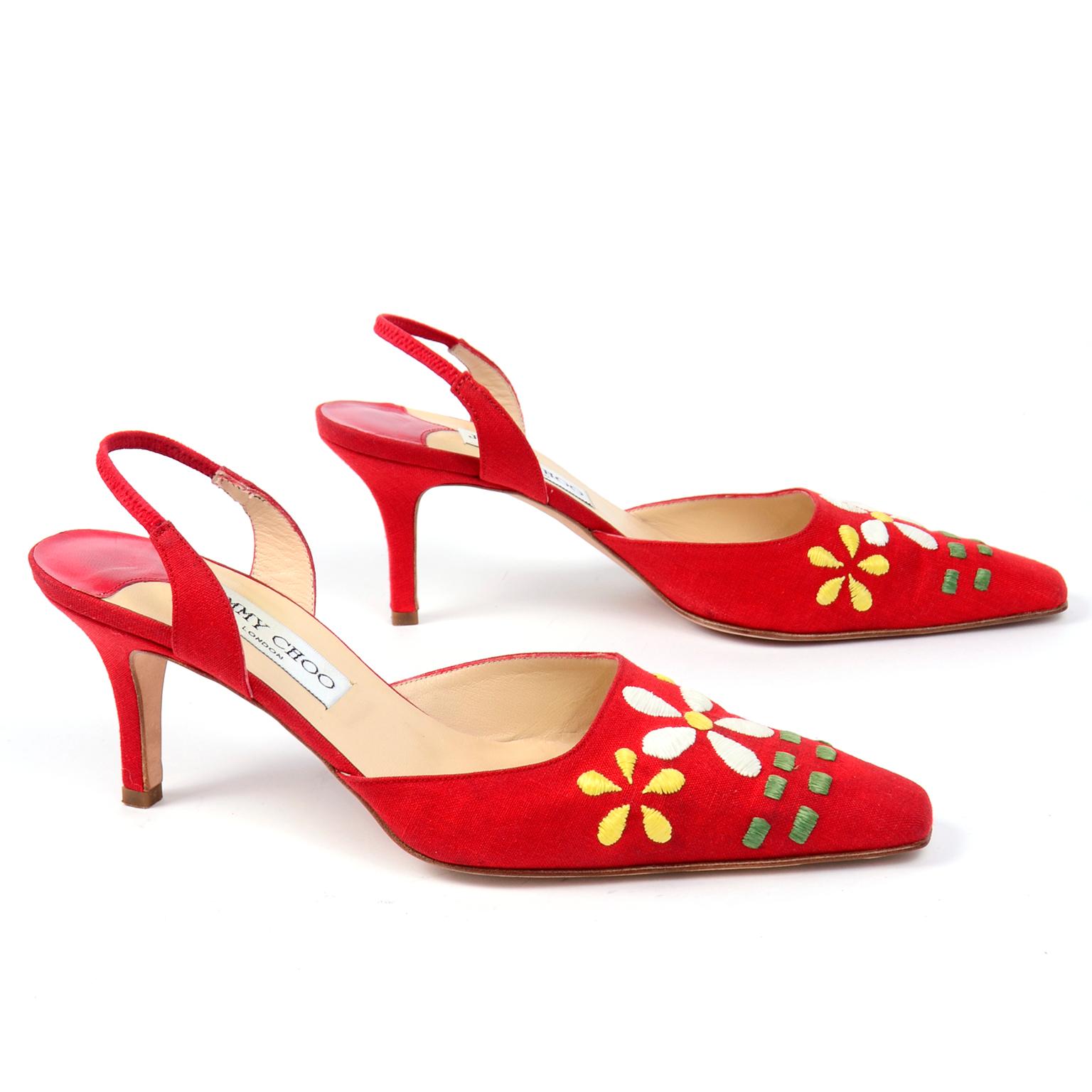 Red Linen Jimmy Choo Slingback Heel Shoes With Daisy Flowers 1