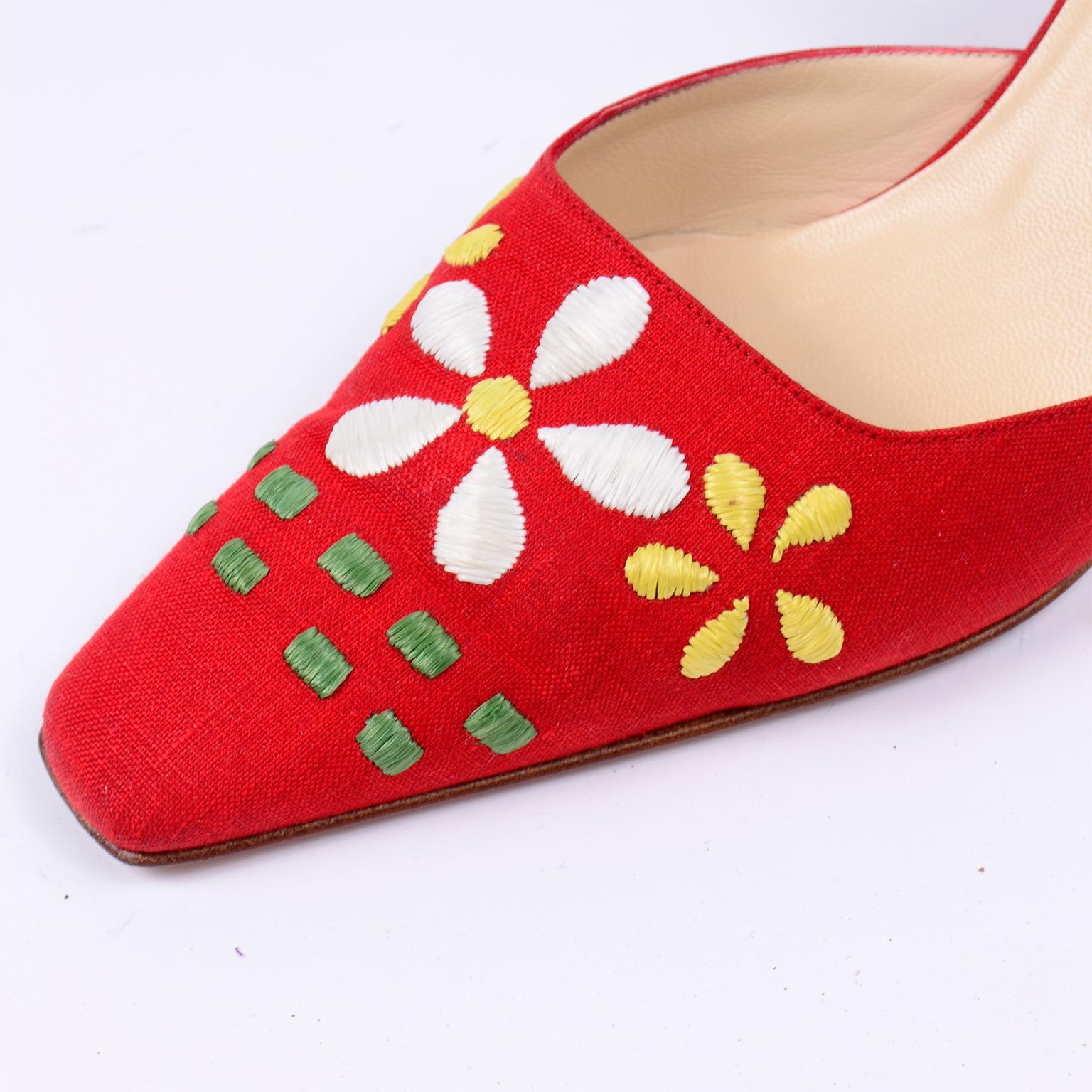 Red Linen Jimmy Choo Slingback Heel Shoes With Daisy Flowers 3