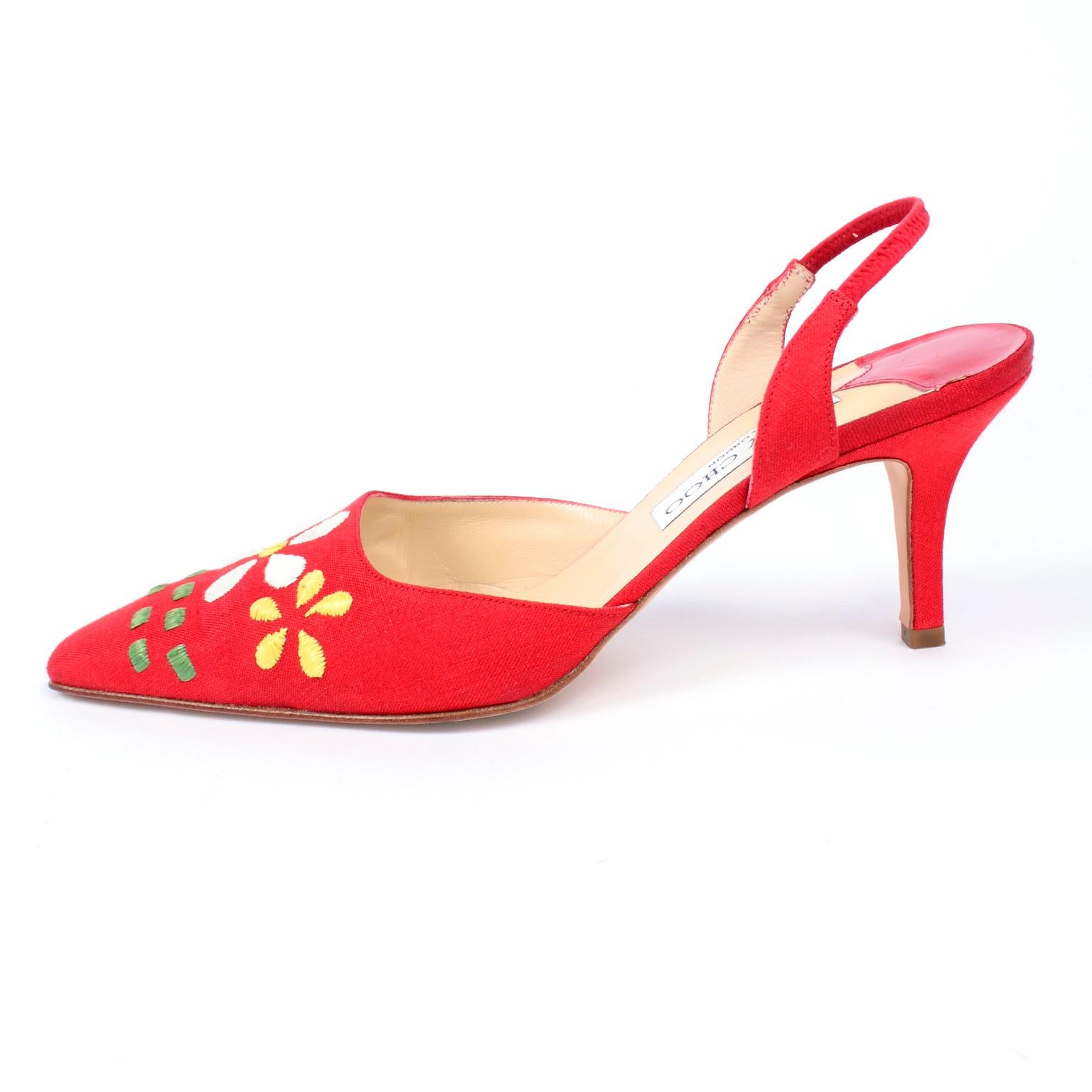 Red Linen Jimmy Choo Slingback Heel Shoes With Daisy Flowers 4