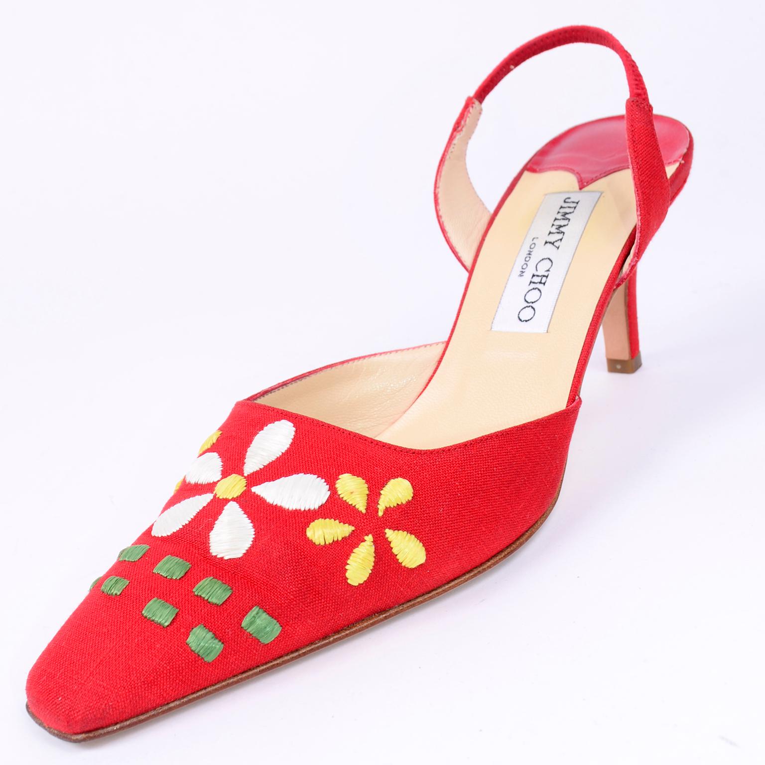 Red Linen Jimmy Choo Slingback Heel Shoes With Daisy Flowers 5