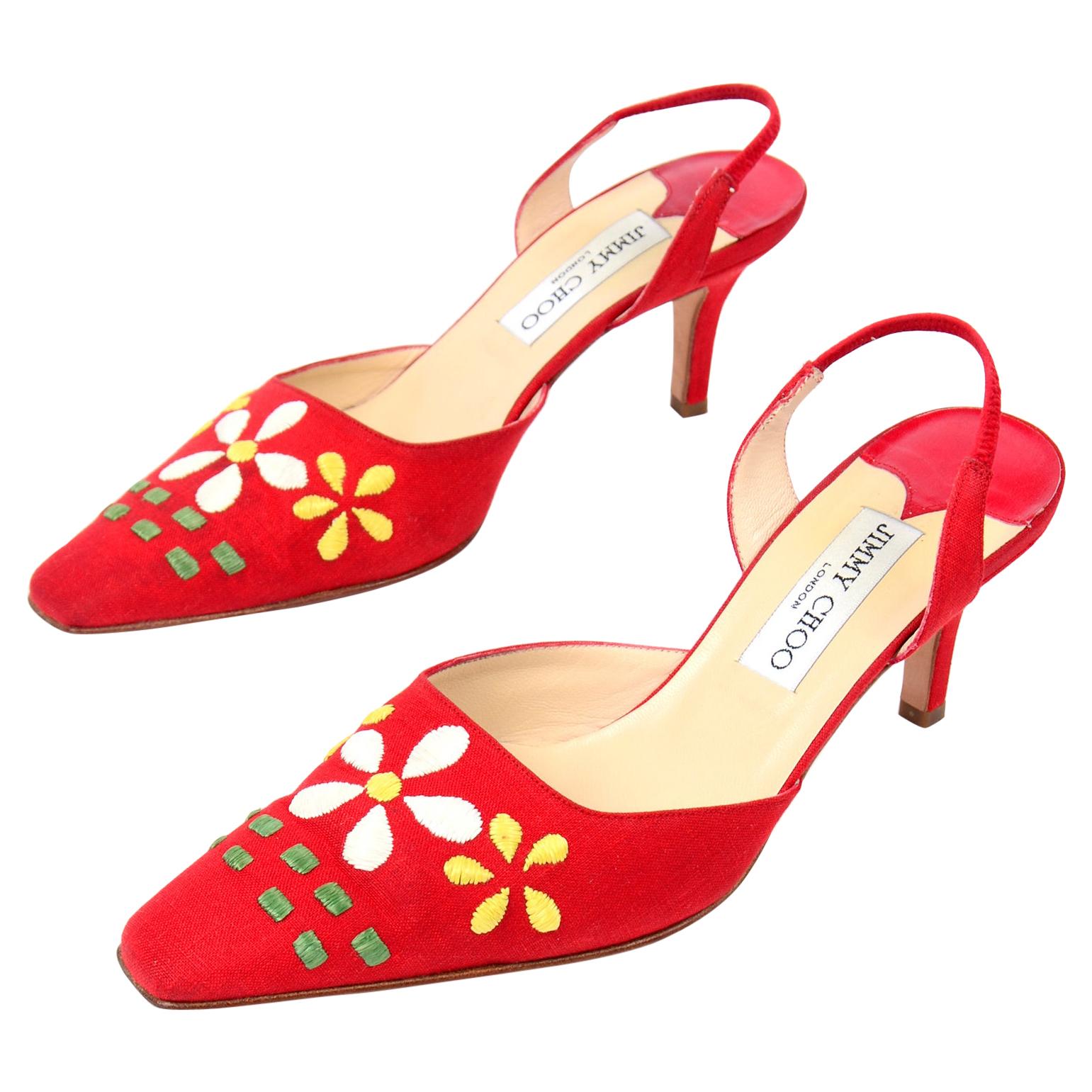 Red Linen Jimmy Choo Slingback Heel Shoes With Daisy Flowers