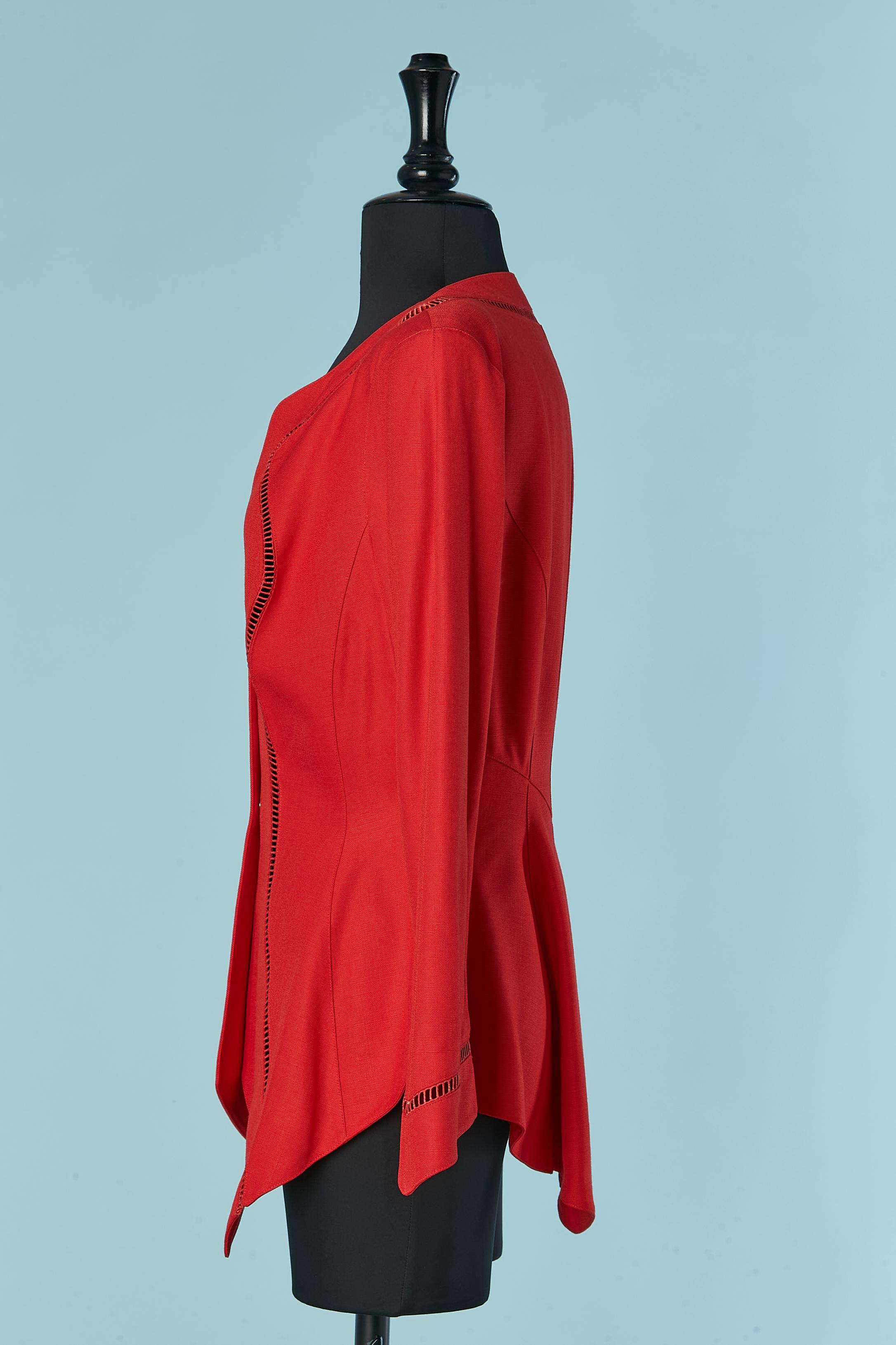 Red linen single breasted jacket with see-through openwork Thierry Mugler For Sale 2