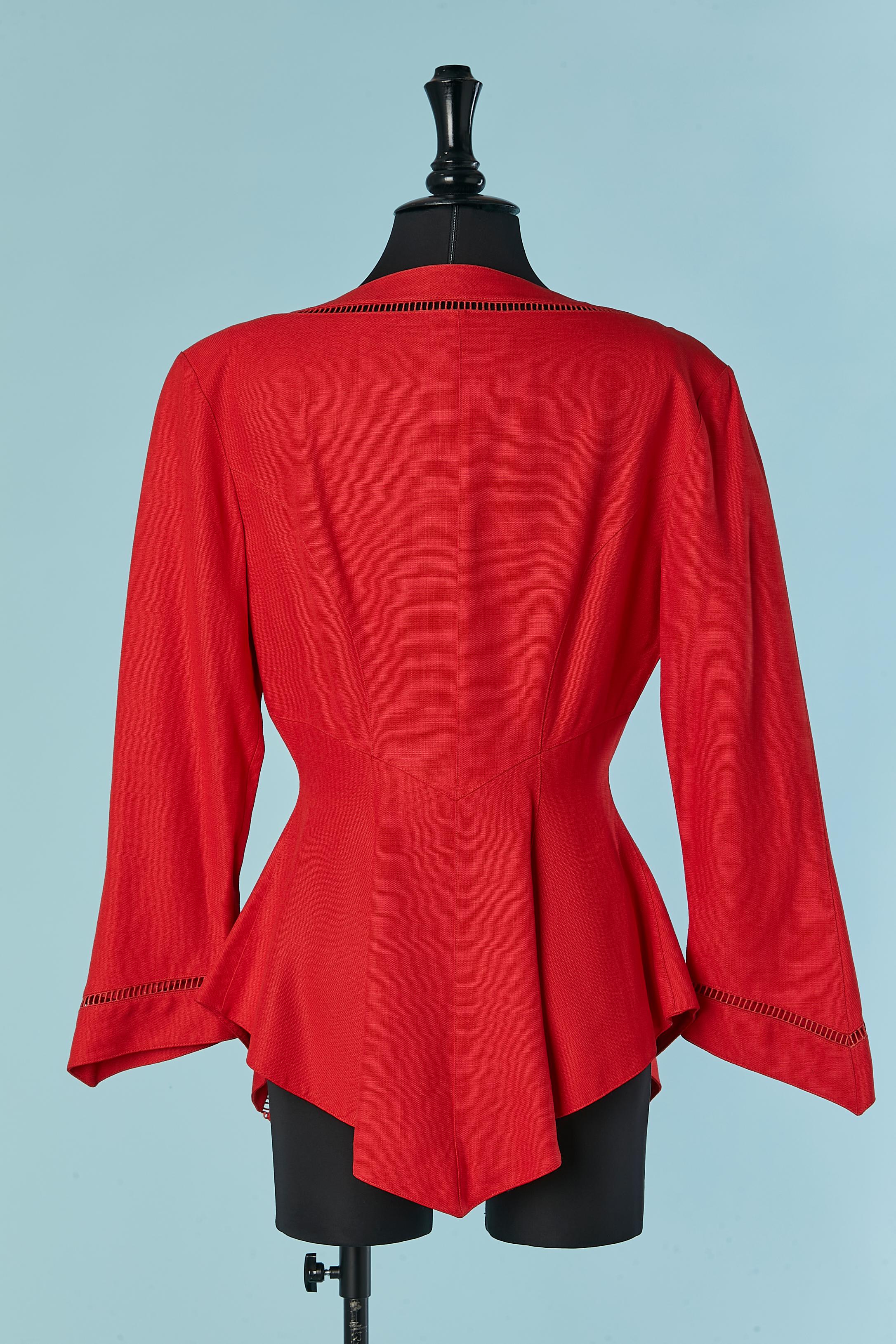 Red linen single breasted jacket with see-through openwork Thierry Mugler For Sale 3