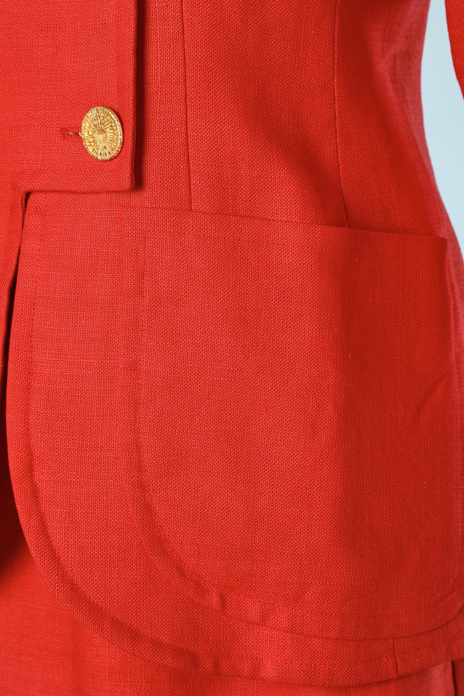 Red linen skirt-suit with jewlerry buttons Yves Saint Laurent Rive Gauche SS1992 In Excellent Condition For Sale In Saint-Ouen-Sur-Seine, FR
