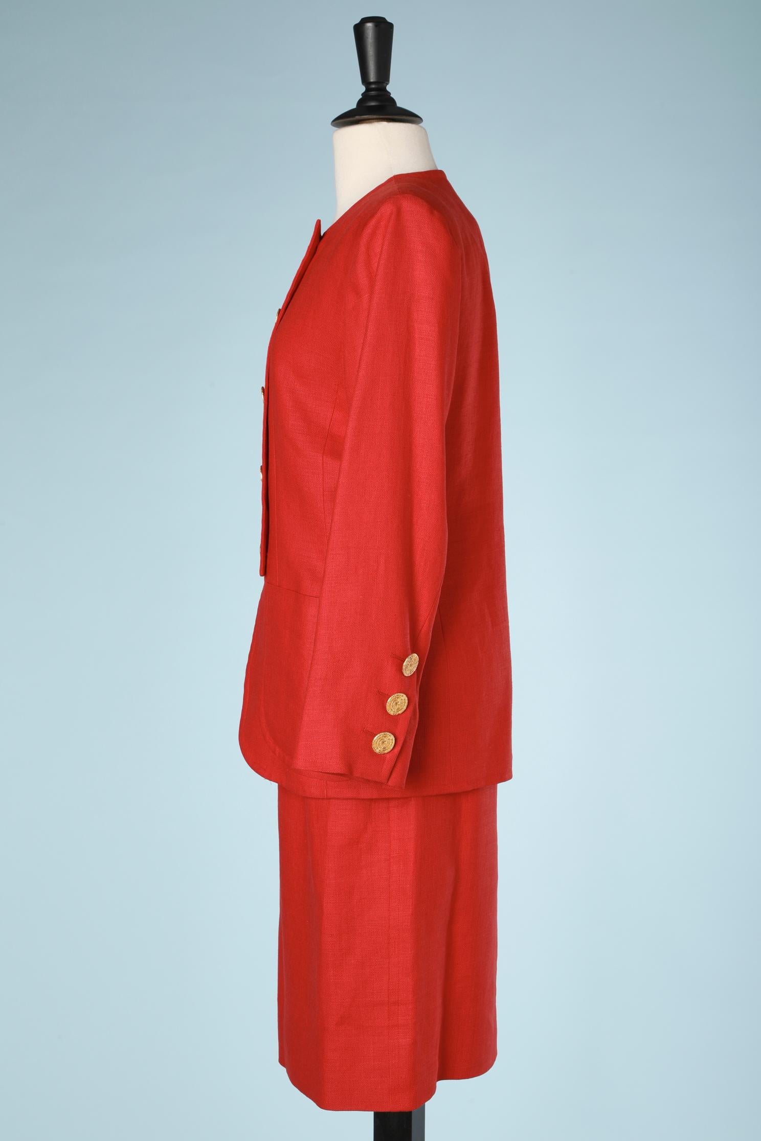 Women's Red linen skirt-suit with jewlerry buttons Yves Saint Laurent Rive Gauche SS1992 For Sale