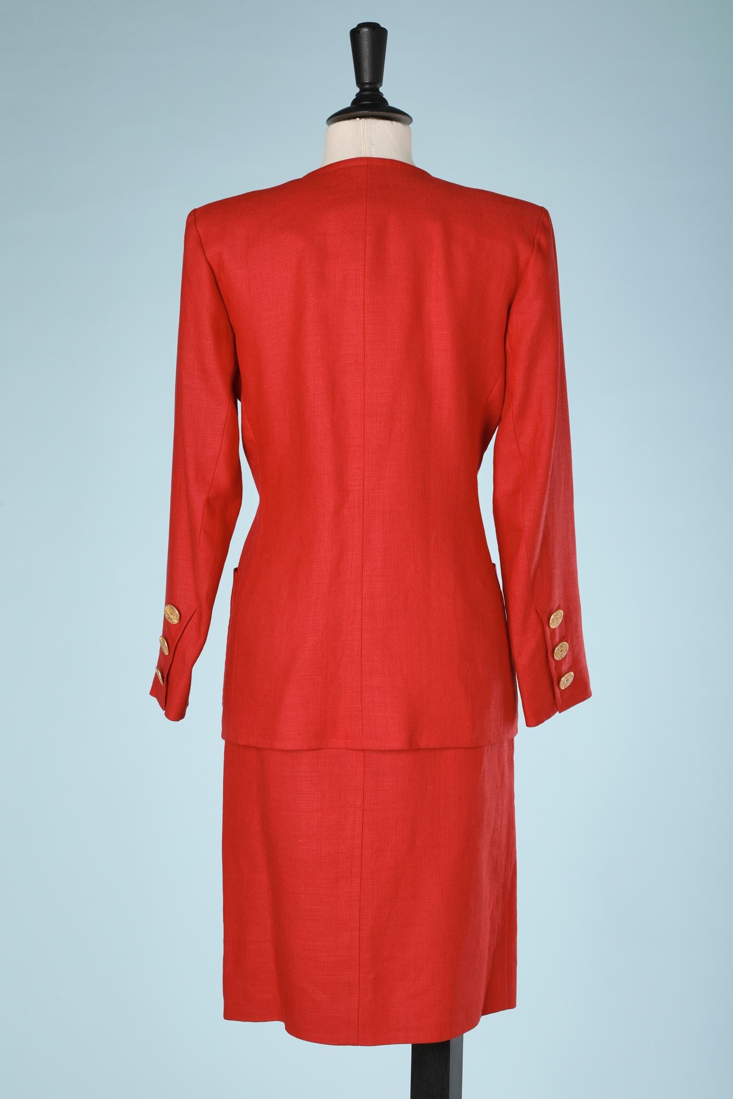 Red linen skirt-suit with jewlerry buttons Yves Saint Laurent Rive Gauche SS1992 For Sale 1