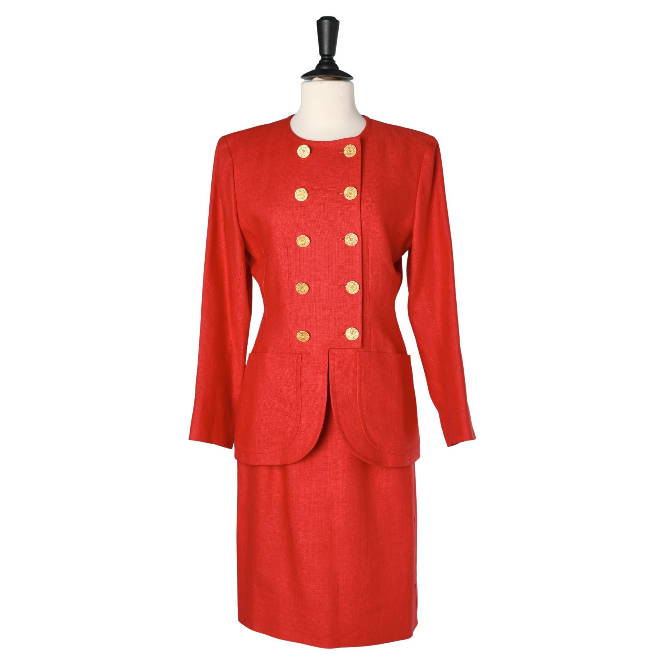 Red linen skirt-suit with jewlerry buttons Yves Saint Laurent Rive Gauche SS1992 For Sale