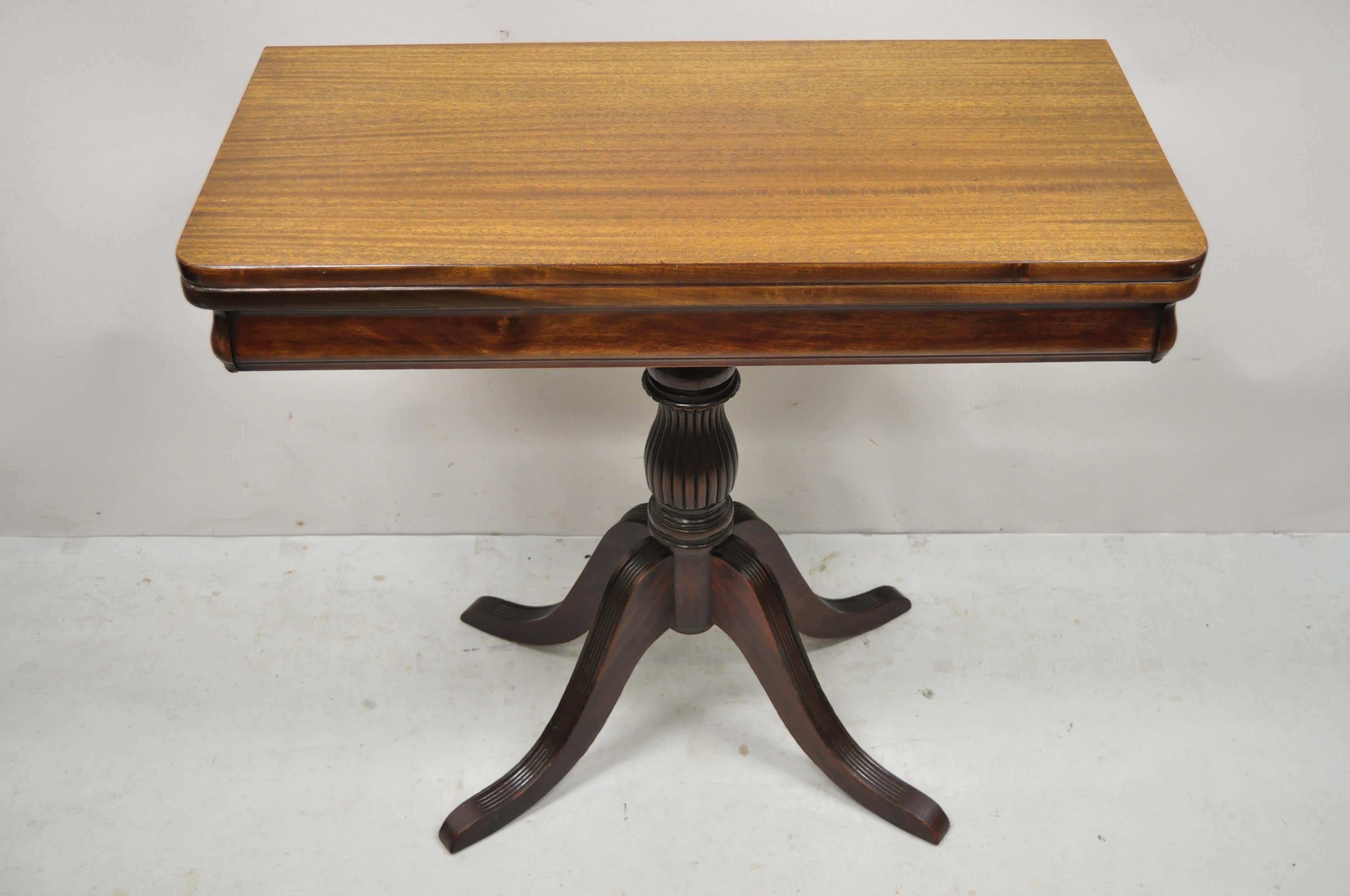 Red lion duncan Phyfe Pedestal base Mahogany flip top game console table. Item features flip top, beautiful wood grain, original stamp, very nice antique item, quality American craftsmanship, great style and form. Circa Early to Mid-20th century.