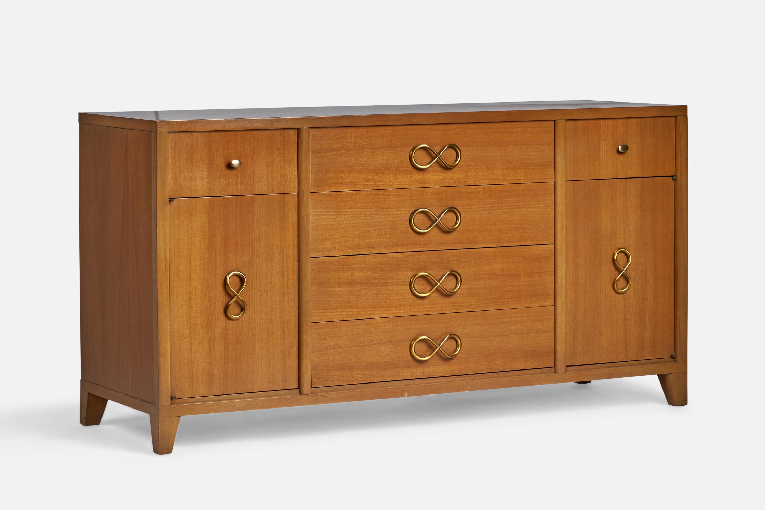 A brass and walnut cabinet designed and produced by Red Lion Furniture, USA, 1940s.