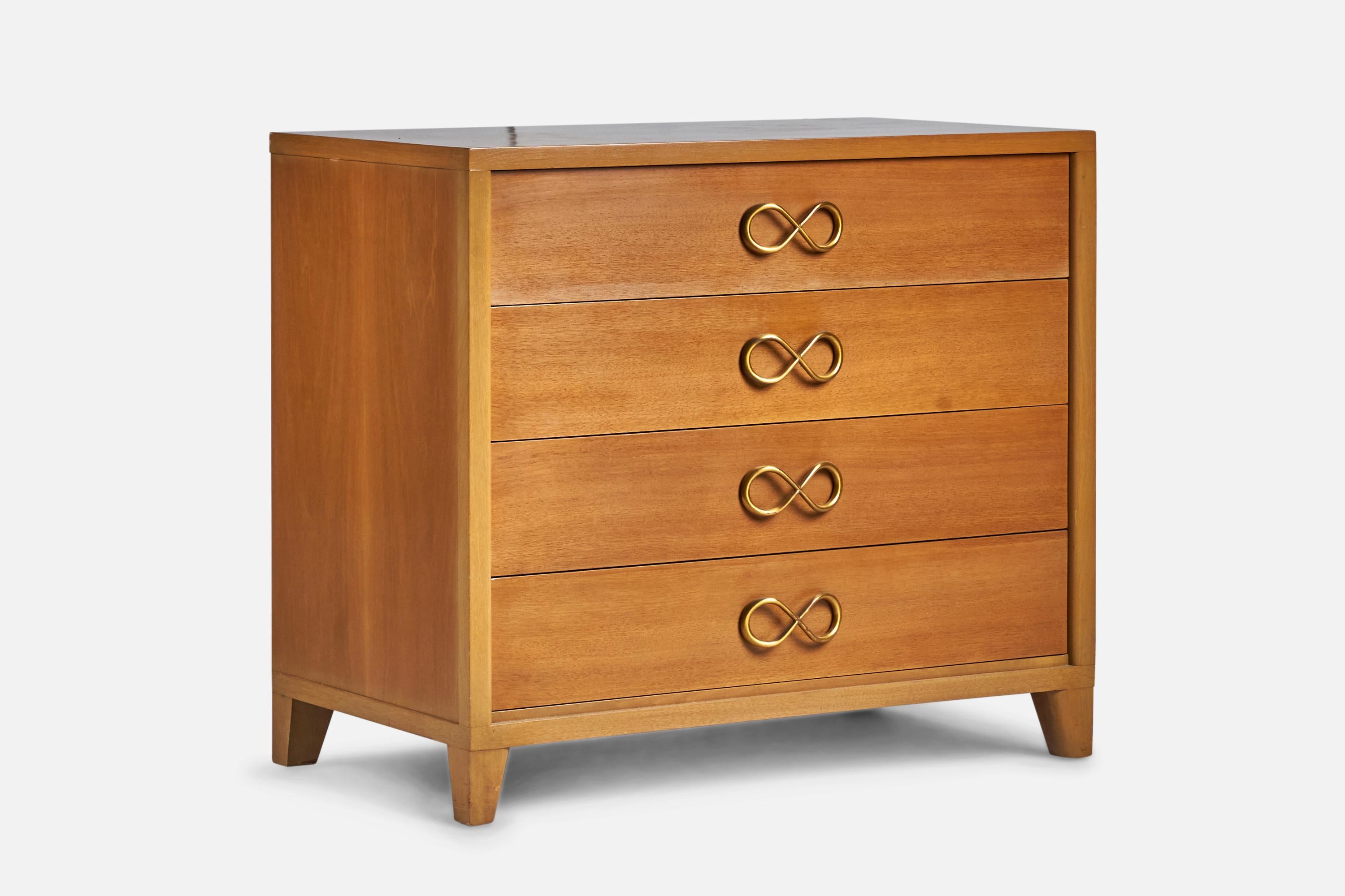 A brass and walnut chest of drawers designed and produced by Red Lion Furniture, USA, 1940s.