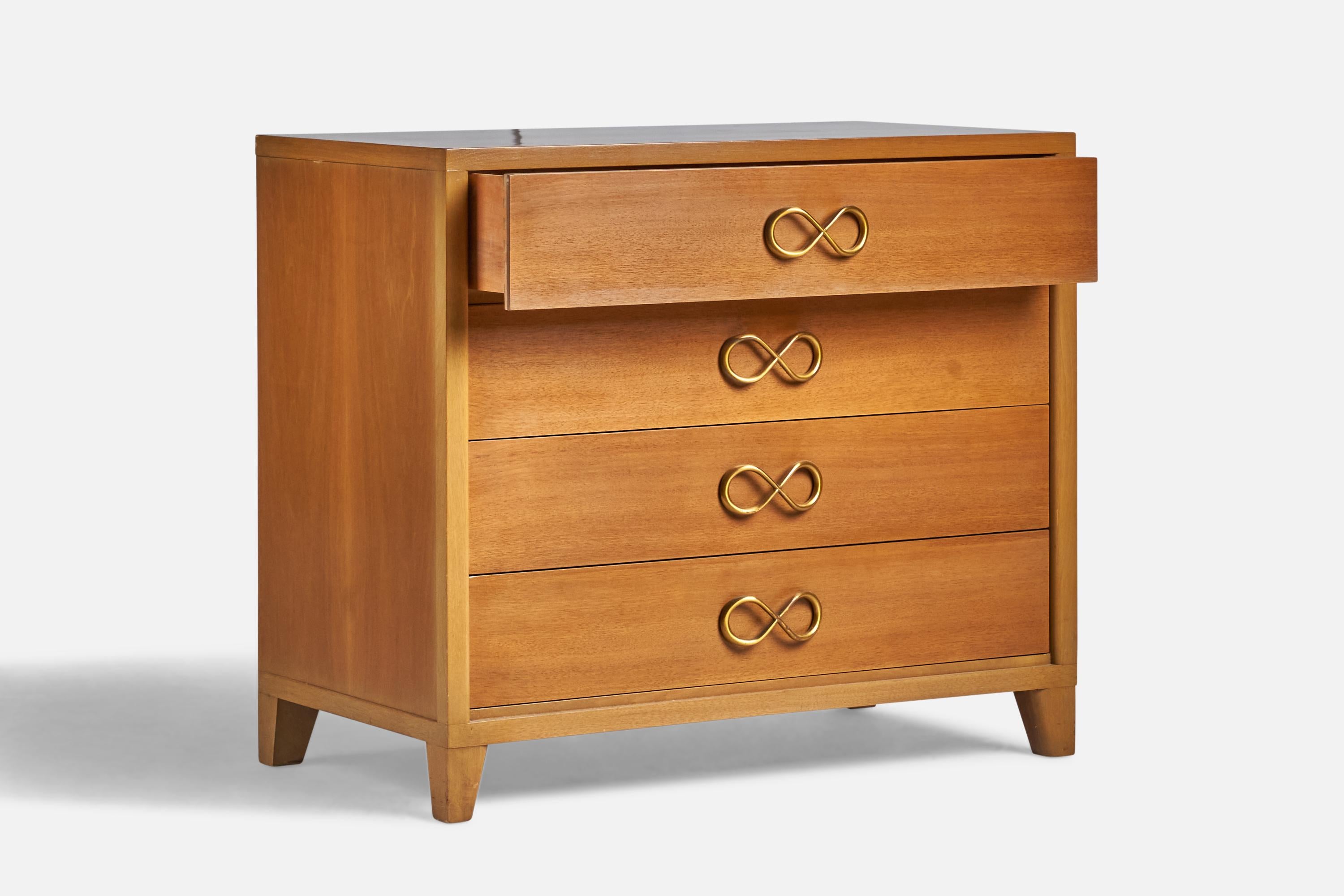 Modern Red Lion Furniture, Chest of Drawers, Walnut, Brass, USA, 1940s For Sale