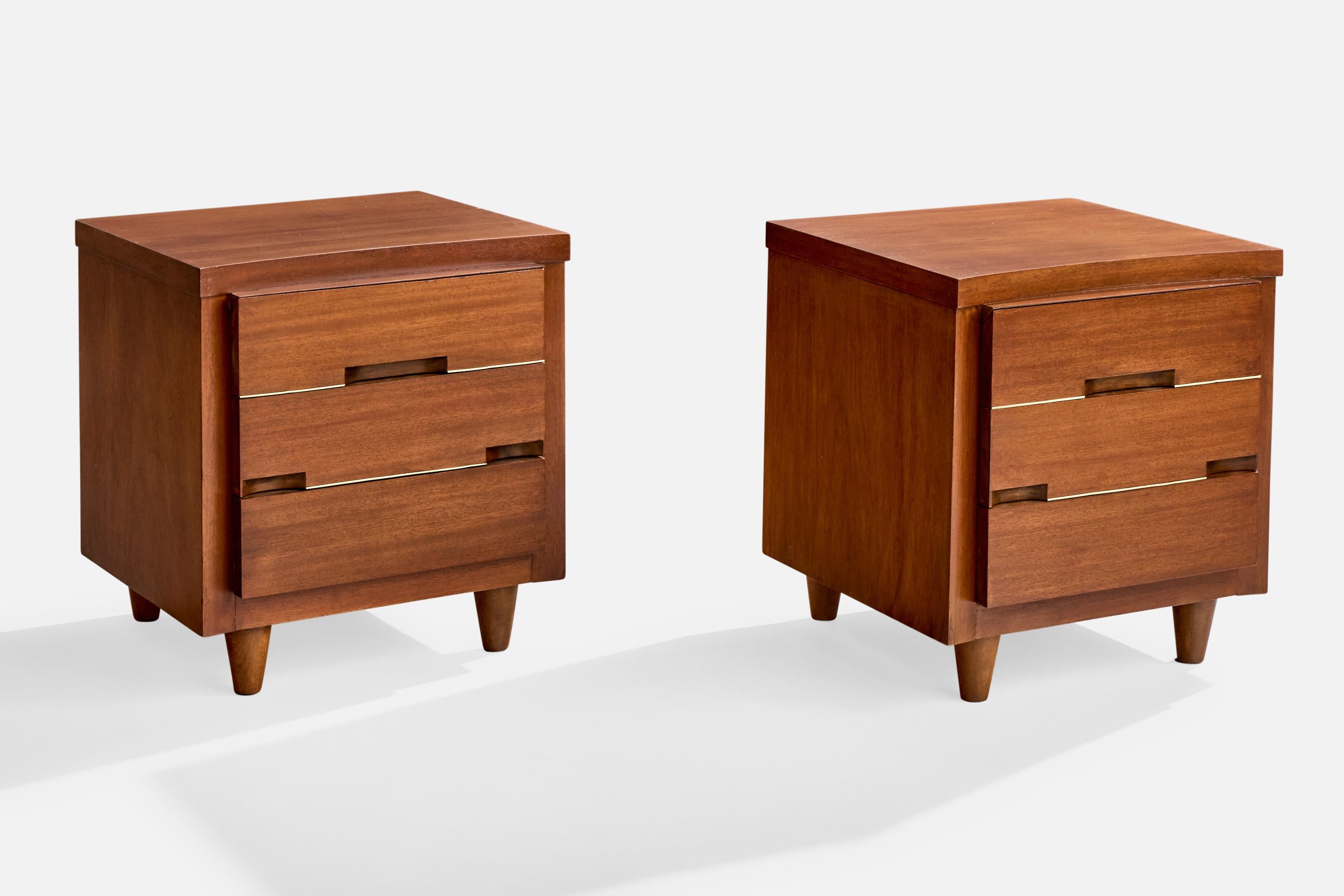 A pair of walnut nightstands produced by Red Lion Furniture, USA, c. 1950s.

Overall Dimensions (inches): 24.0