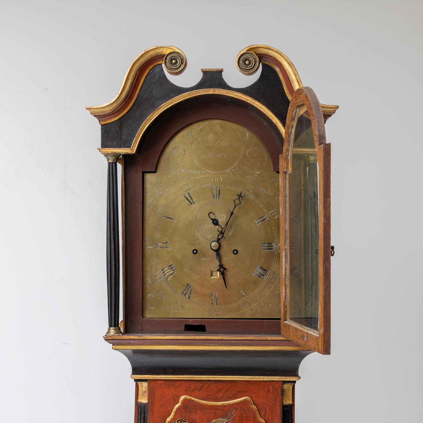 English Red Longcase Clock with Chinoiserie Décor, sig. Alex Duncan, Elgin, 19th Century