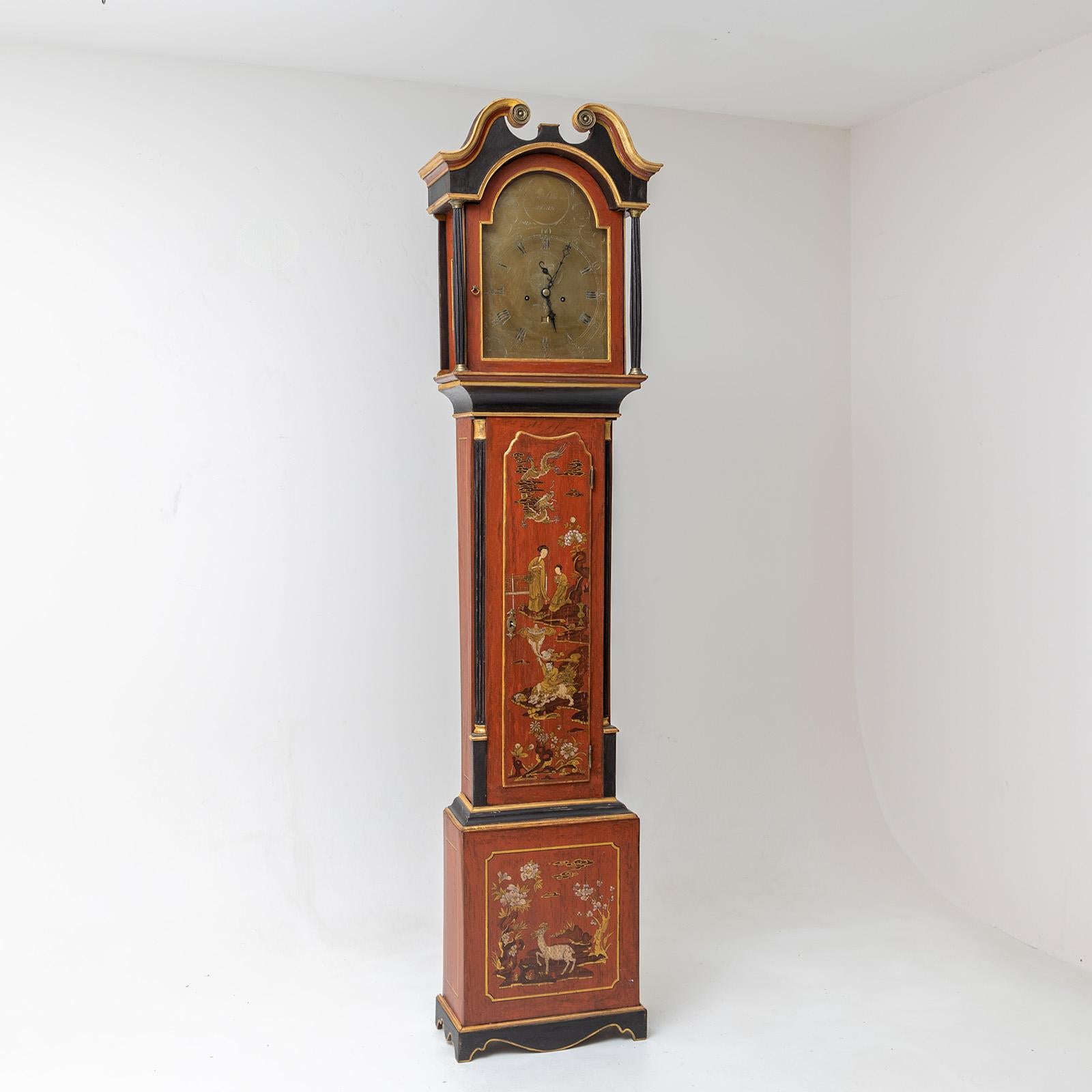 Red Longcase Clock with Chinoiserie Décor, sig. Alex Duncan, Elgin, 19th Century In Good Condition In Greding, DE