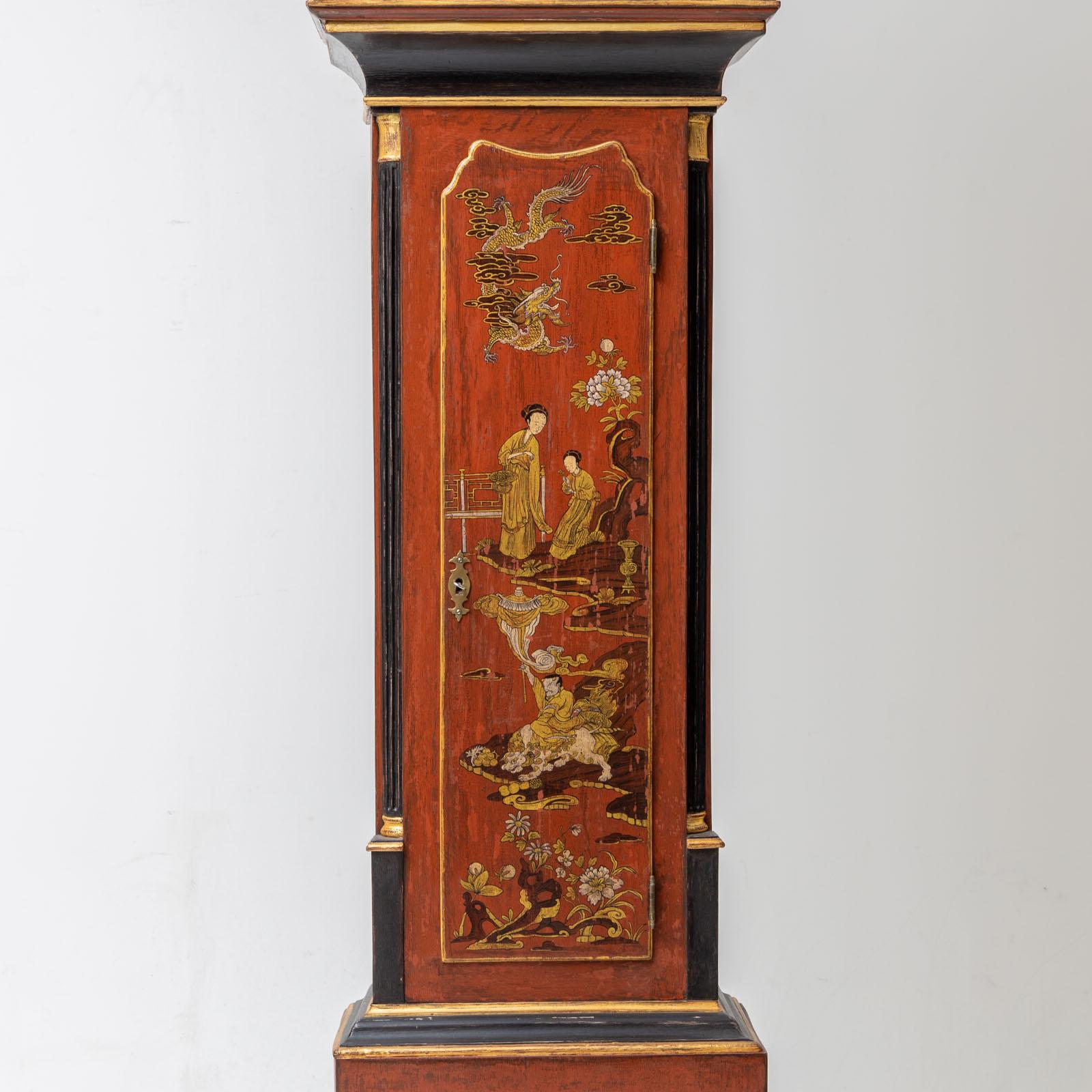 Brass Red Longcase Clock with Chinoiserie Décor, sig. Alex Duncan, Elgin, 19th Century