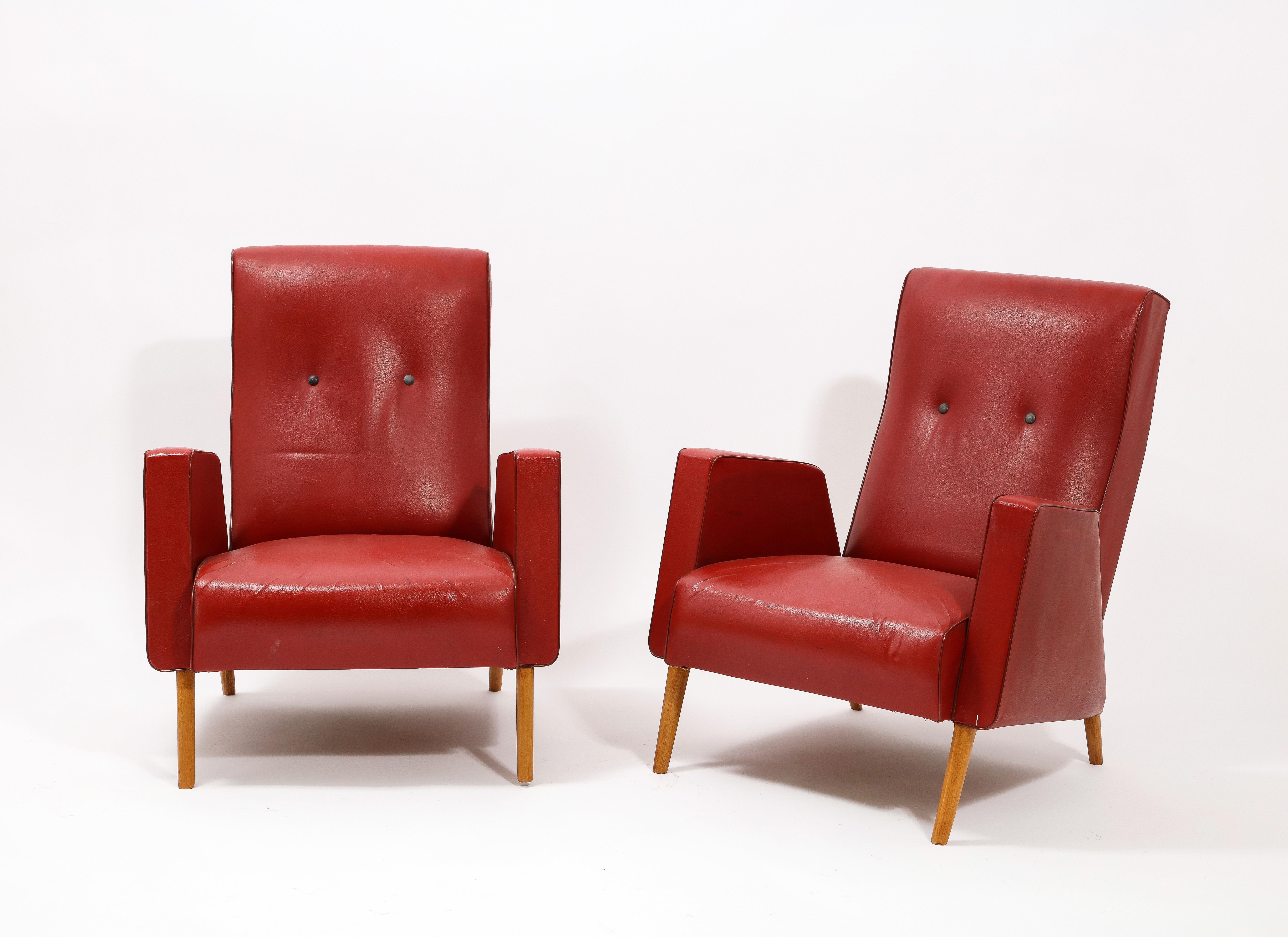 Mid-Century Modern Red Louis Paolozzi Armchairs, France, 1950's For Sale