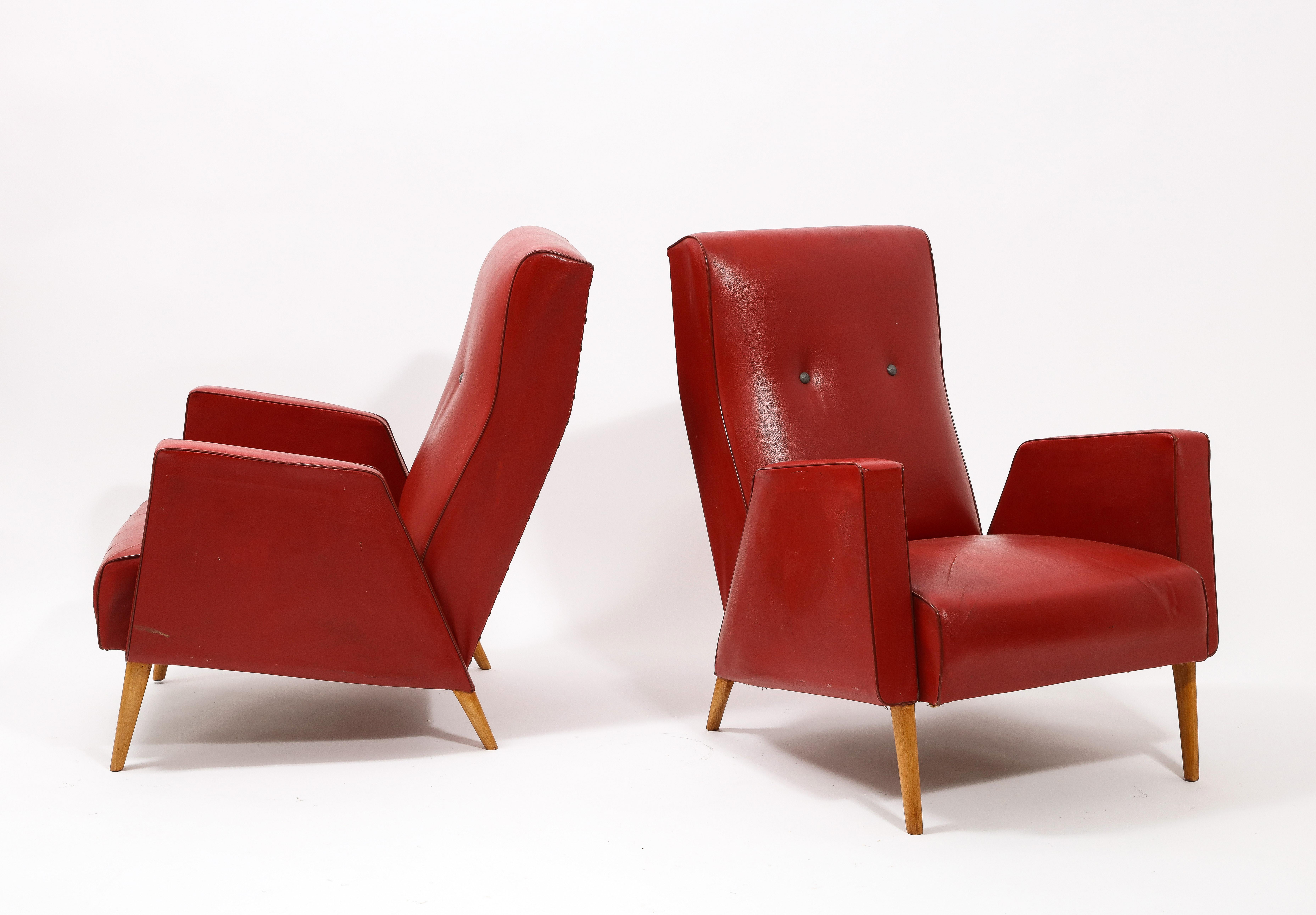 Red Louis Paolozzi Armchairs, France, 1950's In Good Condition For Sale In New York, NY
