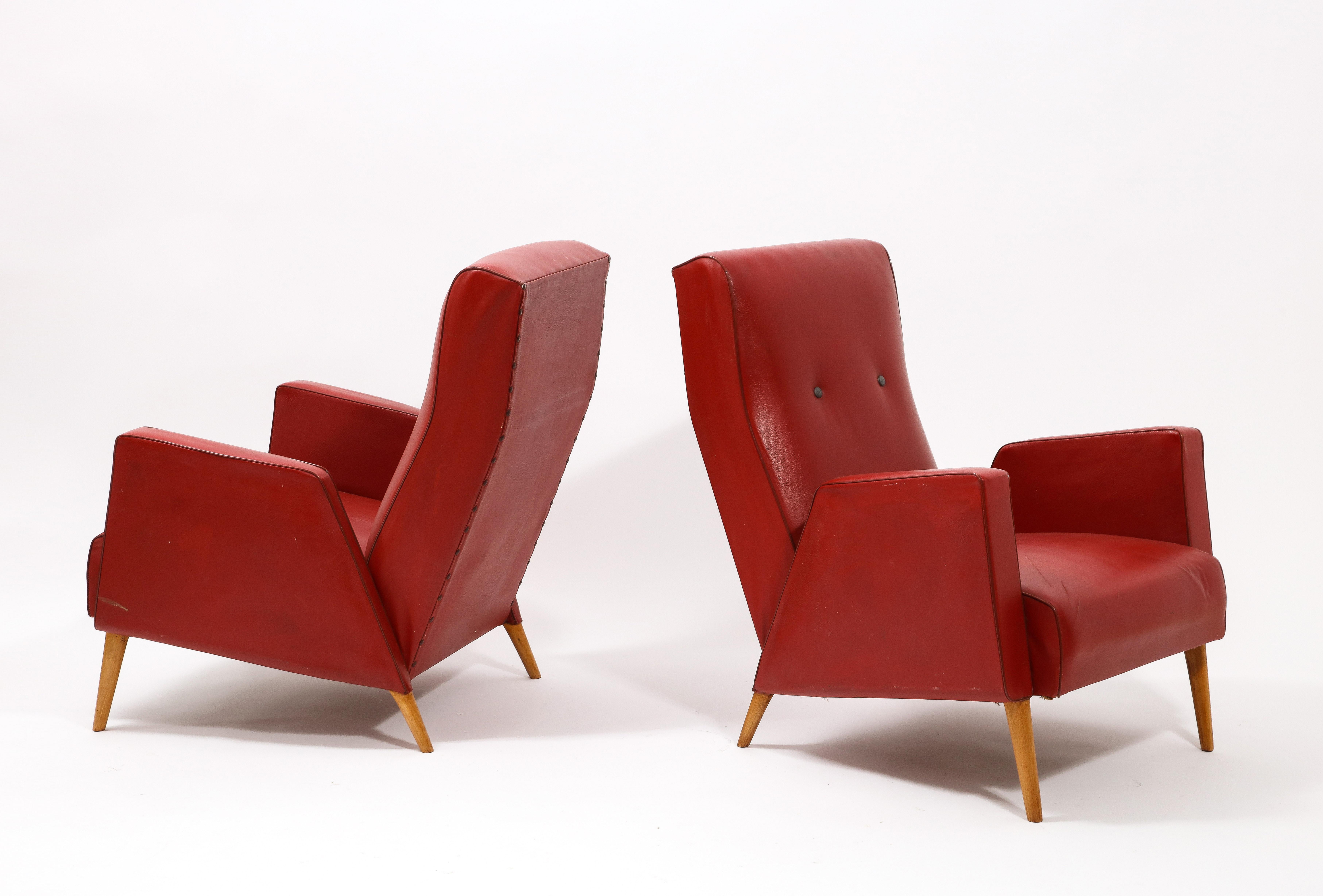 20th Century Red Louis Paolozzi Armchairs, France, 1950's For Sale