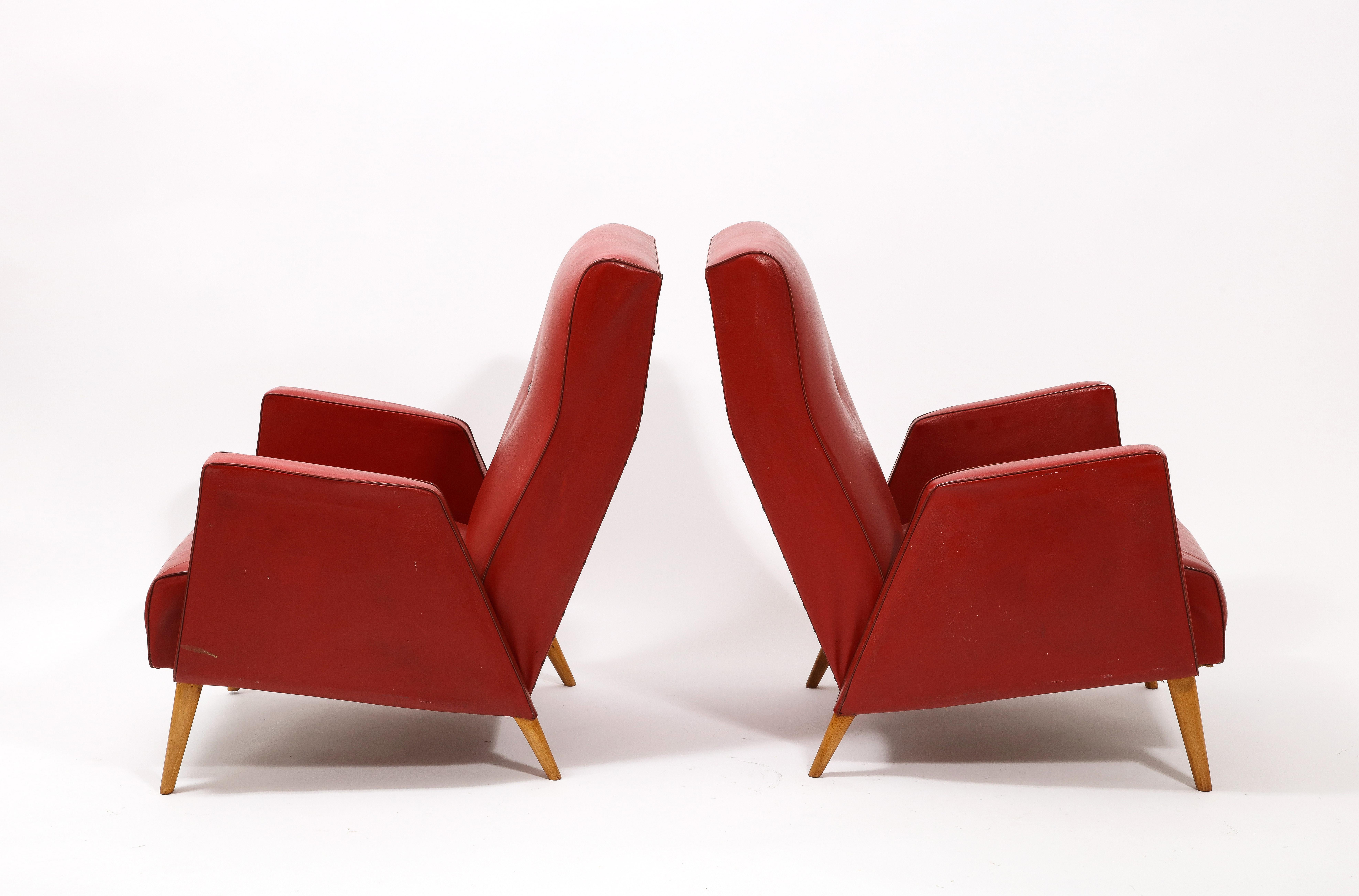 Faux Leather Red Louis Paolozzi Armchairs, France, 1950's For Sale