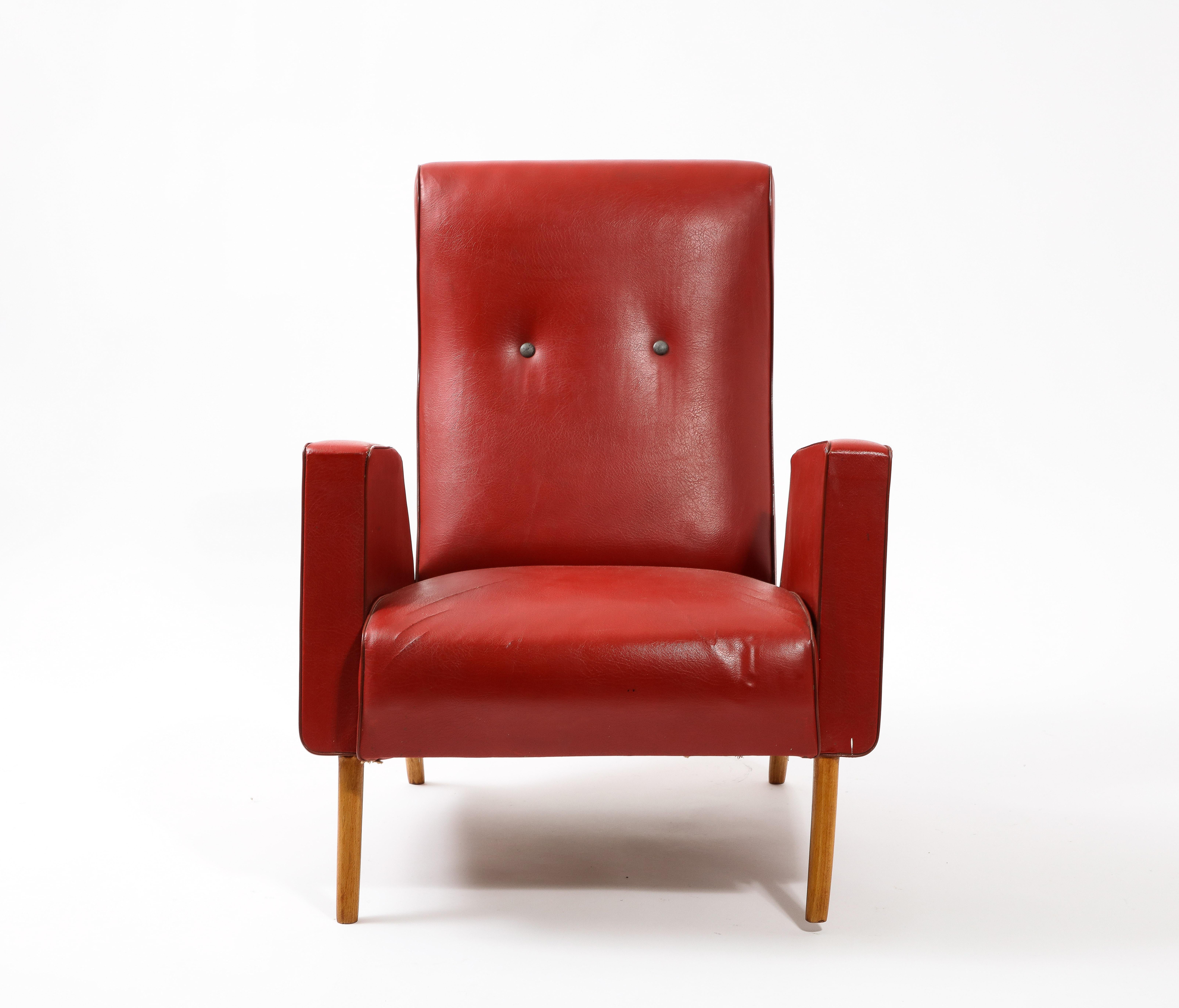 Louis Paolozzi Pair of Low Back Armchairs Lounge Chairs in Red, France 1950's For Sale 2