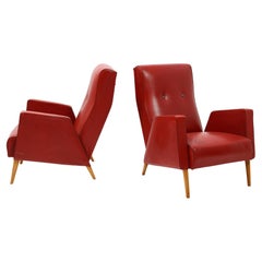 Louis Paolozzi Pair of Low Back Armchairs Lounge Chairs in Red, France 1950's