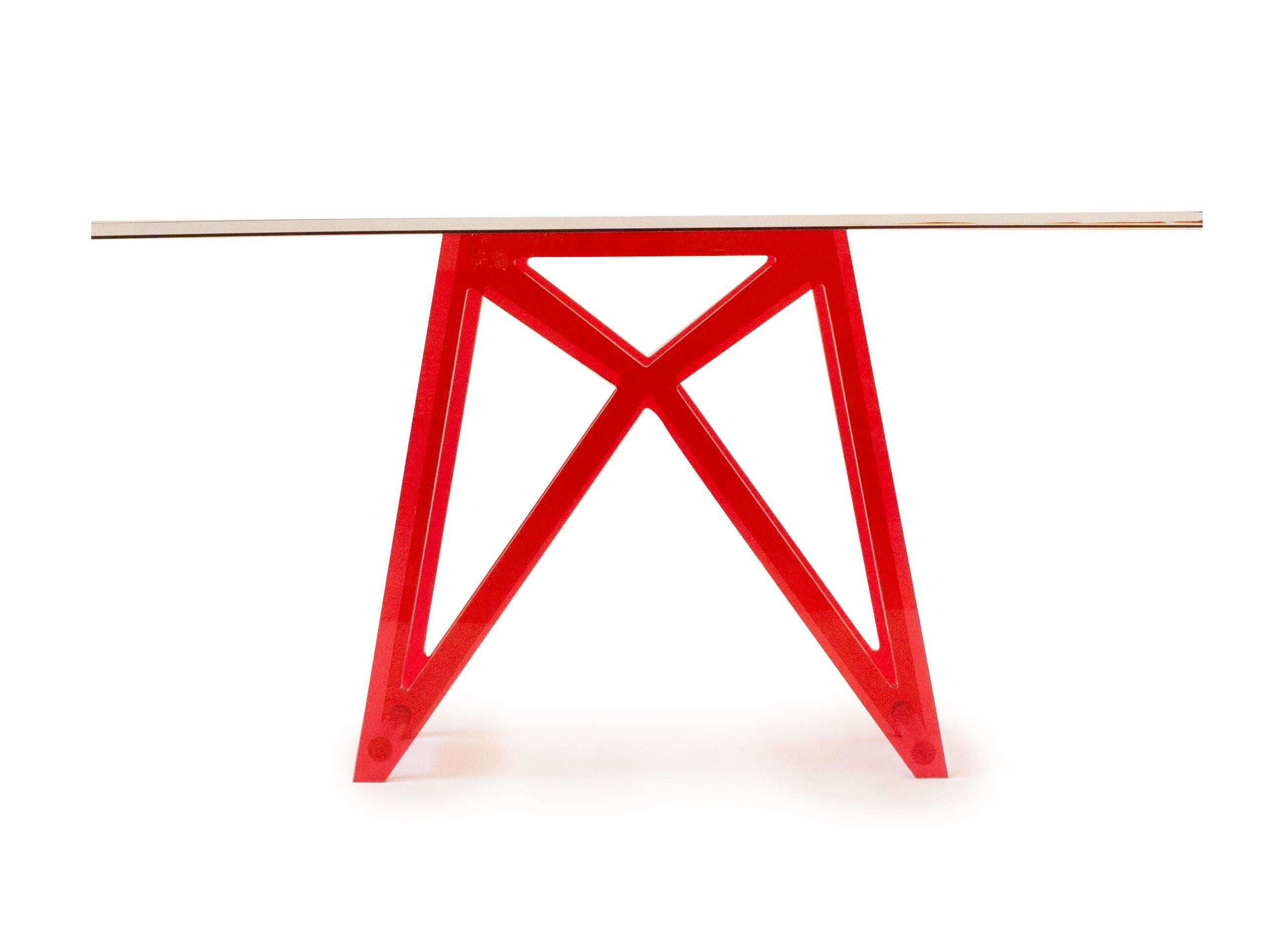 Handmade one inch thick lucite console table in red with criss crossing base. Custom size and colors available upon request.

Measurements: 34” H x 64” W x 15” D