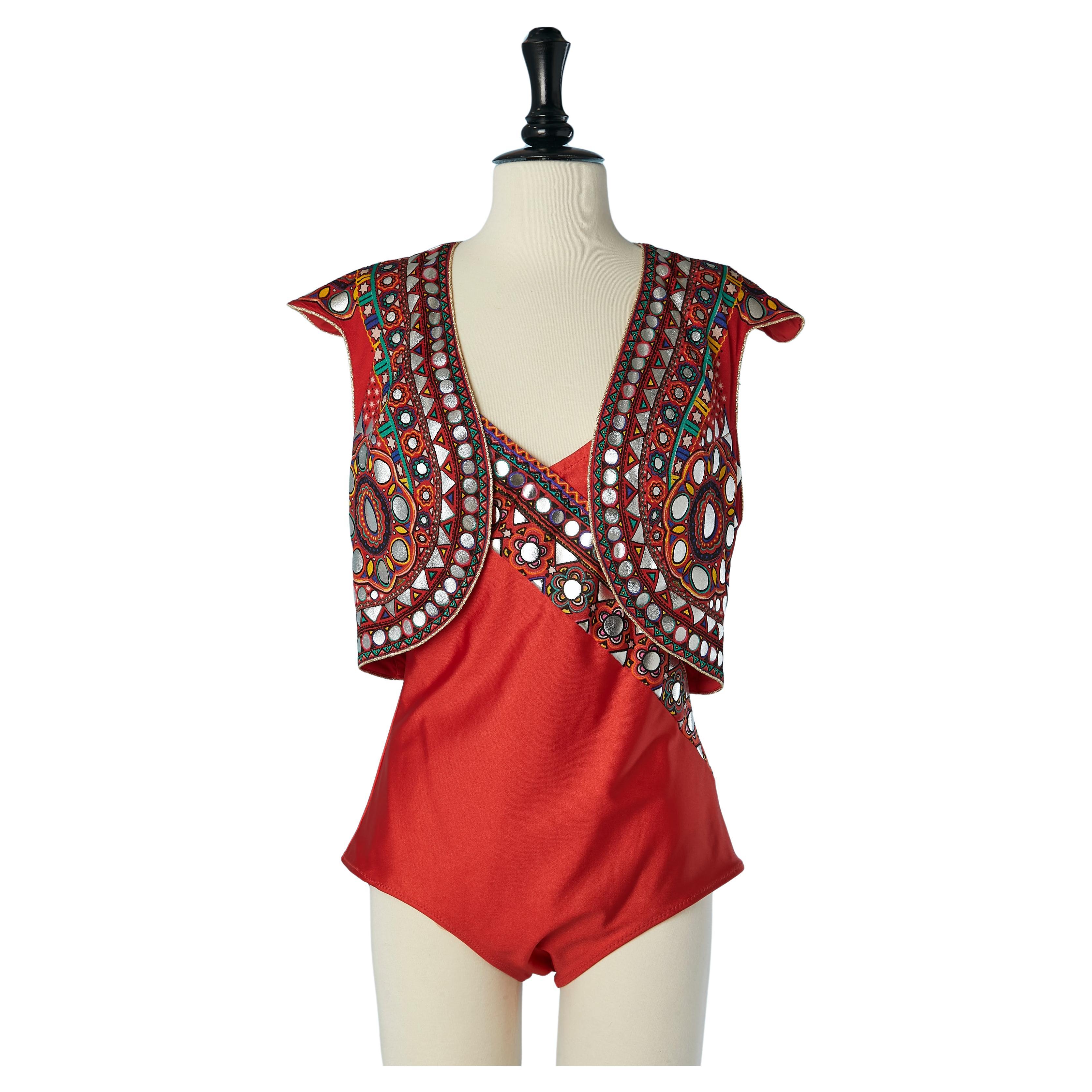 Red lycra printed bathing-suit with boléro ensemble Gottex  For Sale