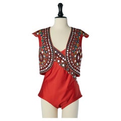 Red lycra printed bathing-suit with boléro ensemble Gottex 