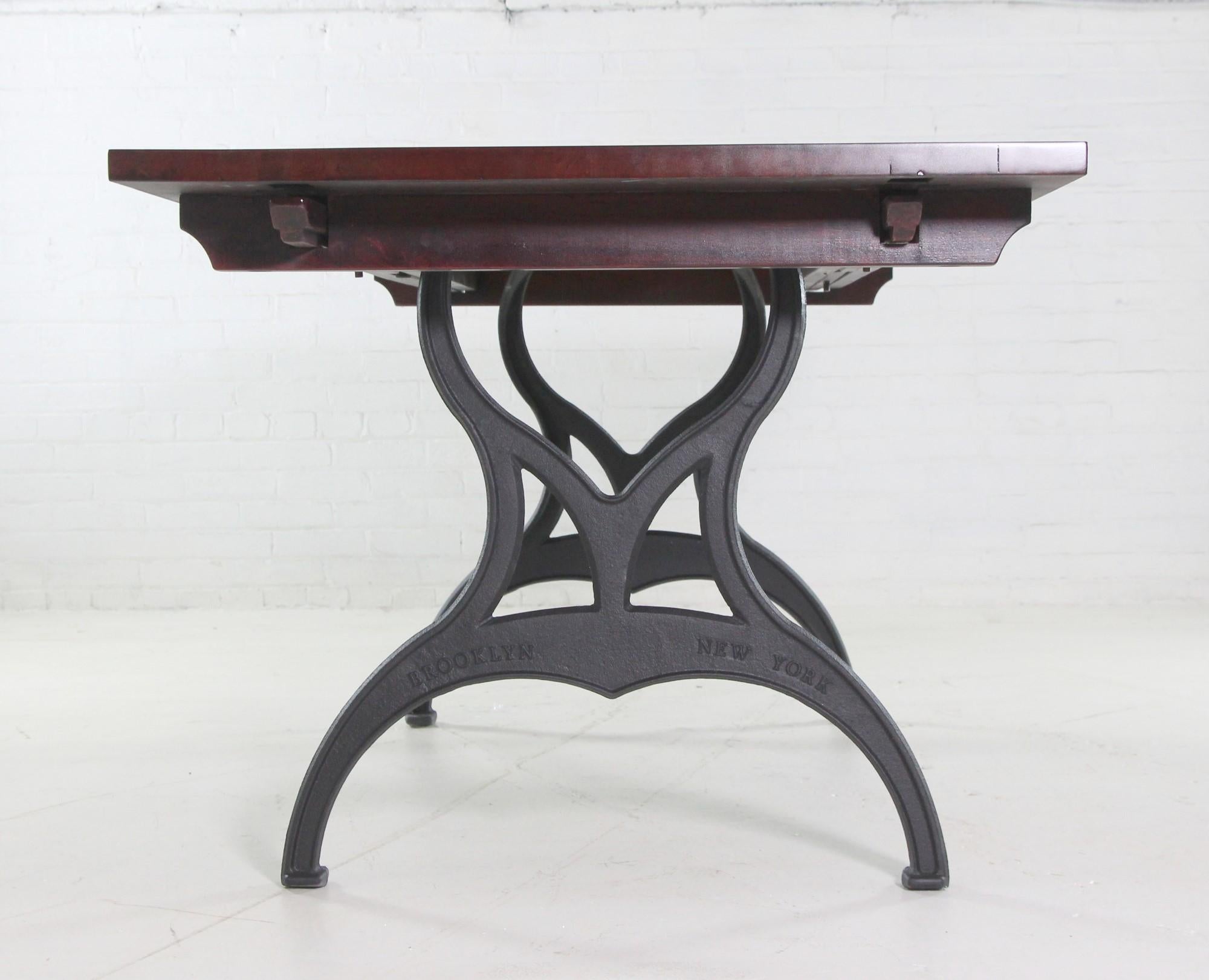 Red Mahogany Apitong Table w Extensions Cast Iron Legs Brooklyn, NY For Sale 5