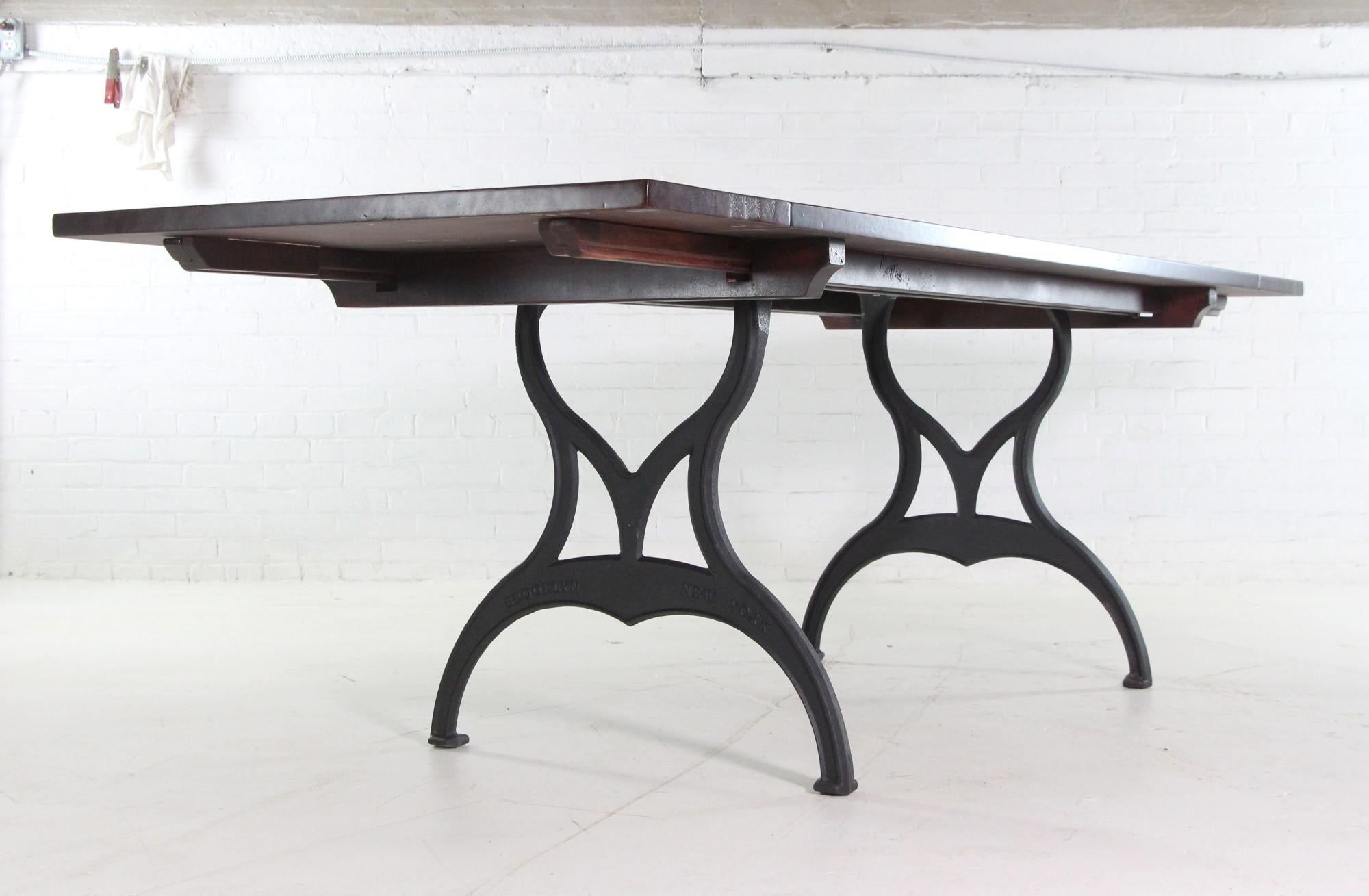 Industrial Red Mahogany Apitong Table w Extensions Cast Iron Legs Brooklyn, NY For Sale