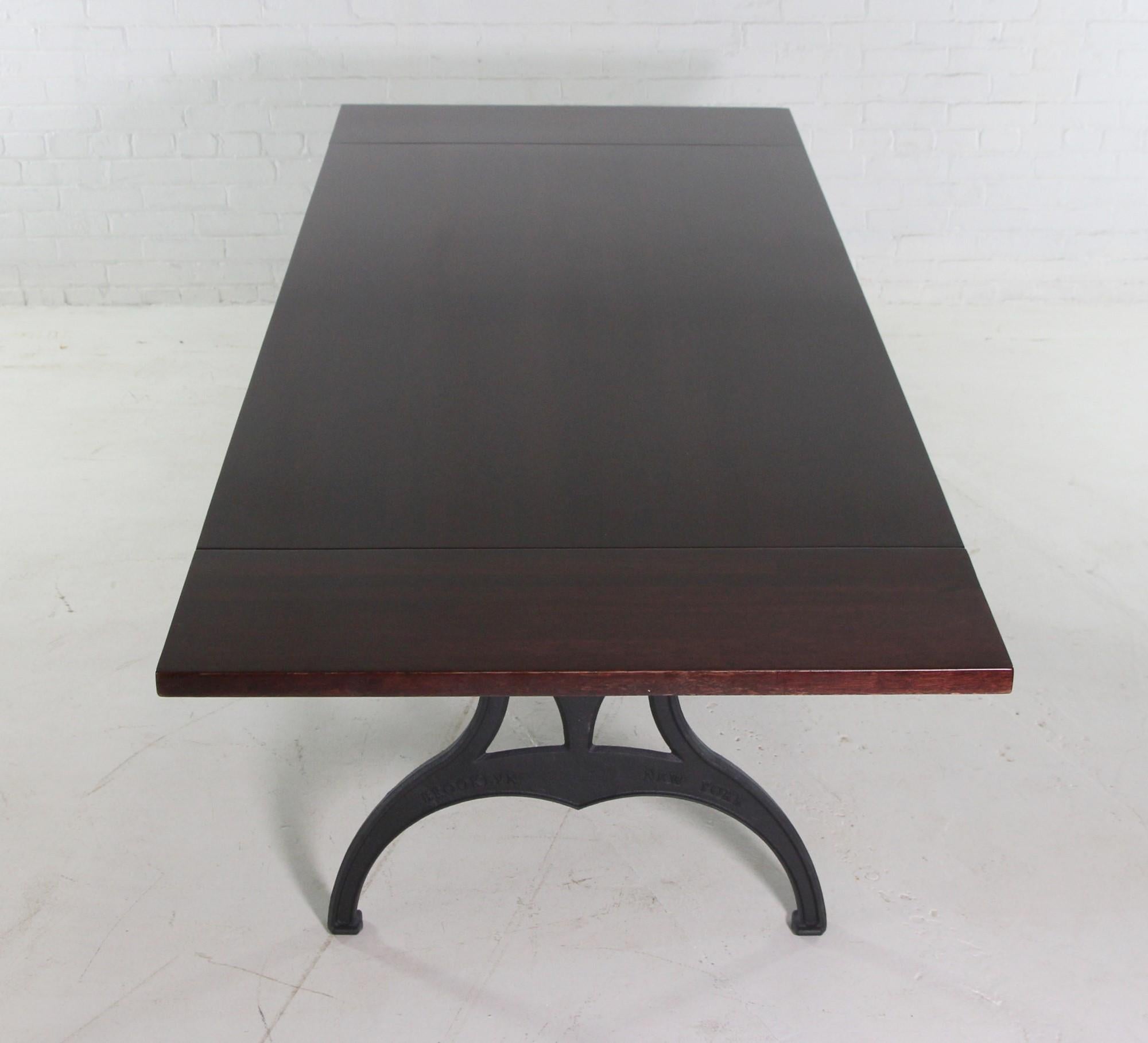 American Red Mahogany Apitong Table w Extensions Cast Iron Legs Brooklyn, NY For Sale