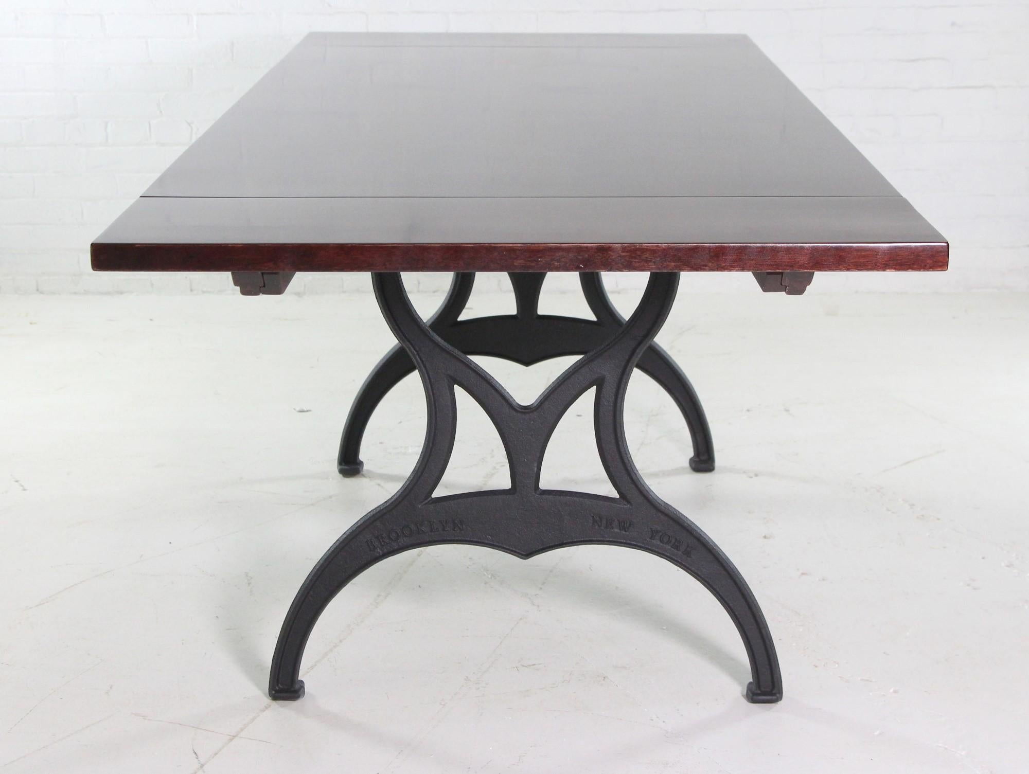 Red Mahogany Apitong Table w Extensions Cast Iron Legs Brooklyn, NY For Sale 1