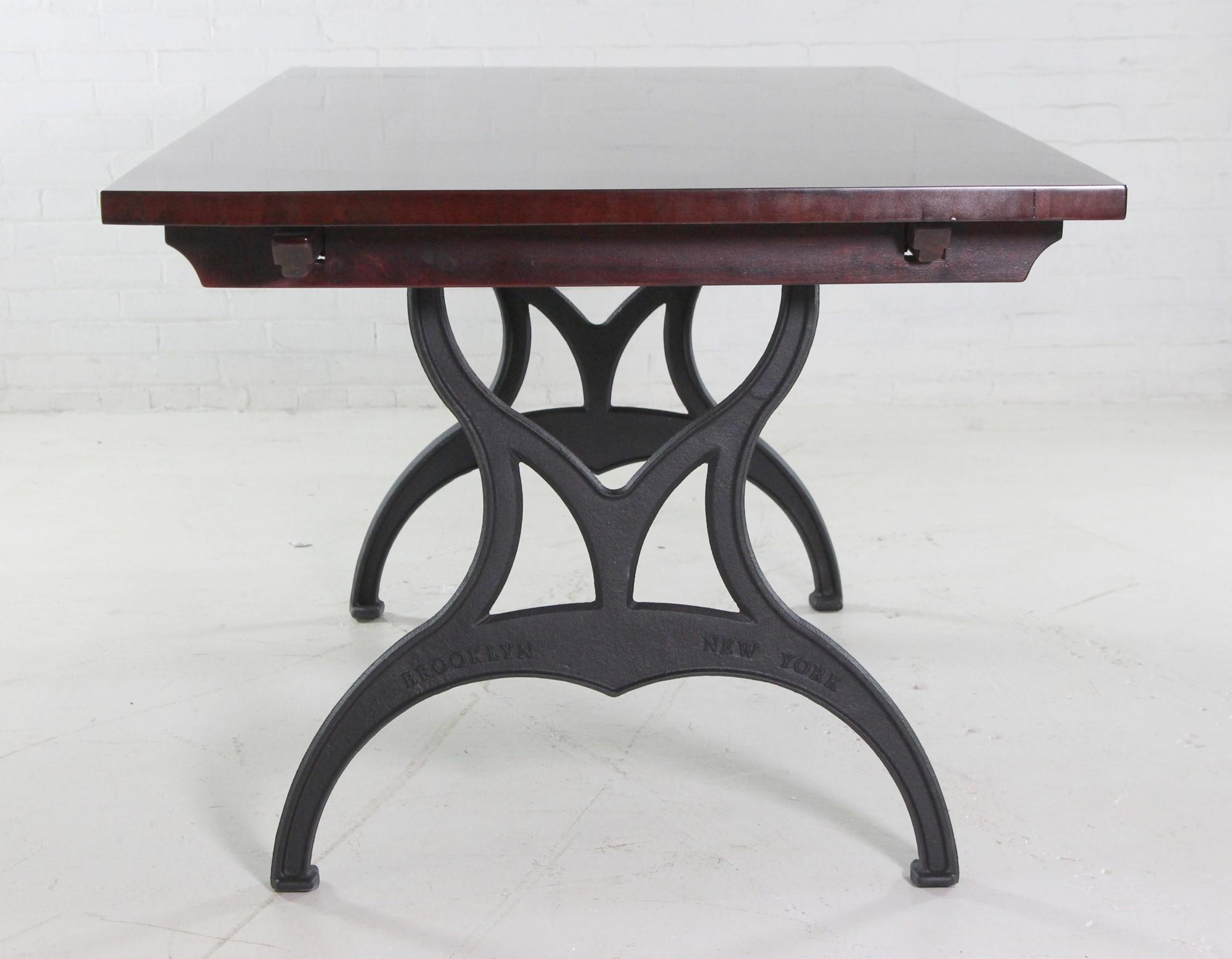 Red Mahogany Apitong Table w Extensions Cast Iron Legs Brooklyn, NY For Sale 4