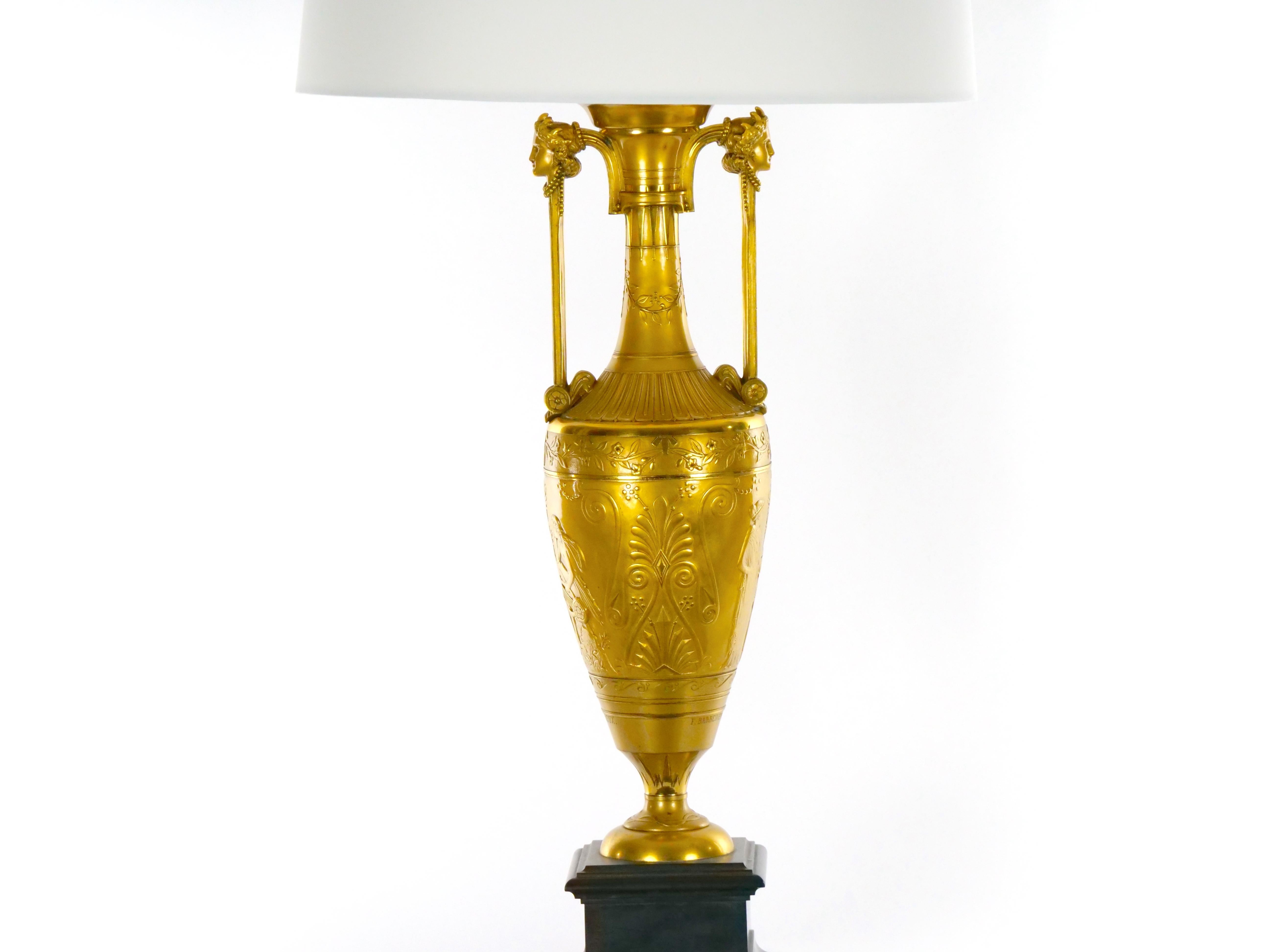 Black Marble / Gilt Bronze  Single Library Table Lamp By Barbedienne Foundry For Sale 8