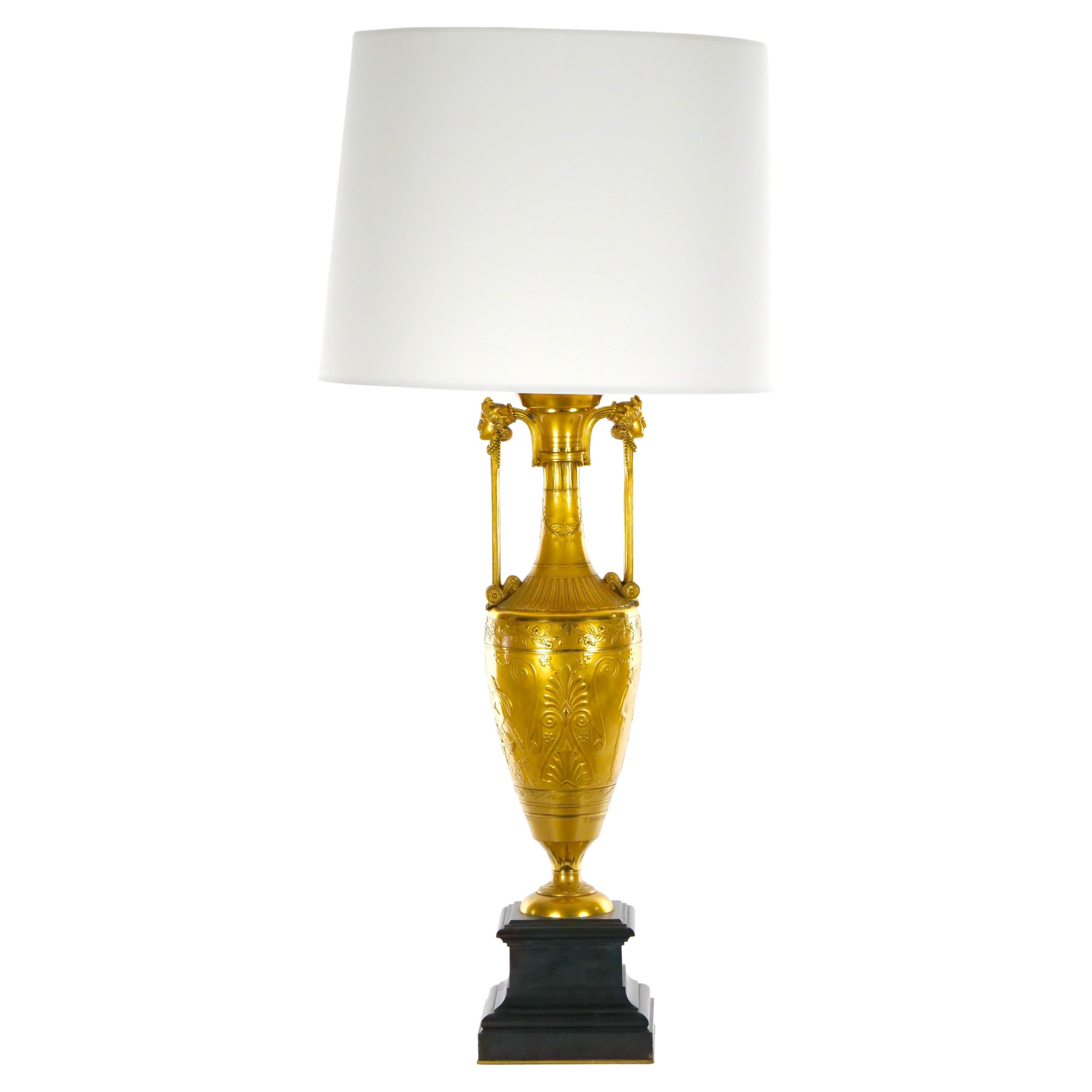 Black Marble / Gilt Bronze  Single Library Table Lamp By Barbedienne Foundry