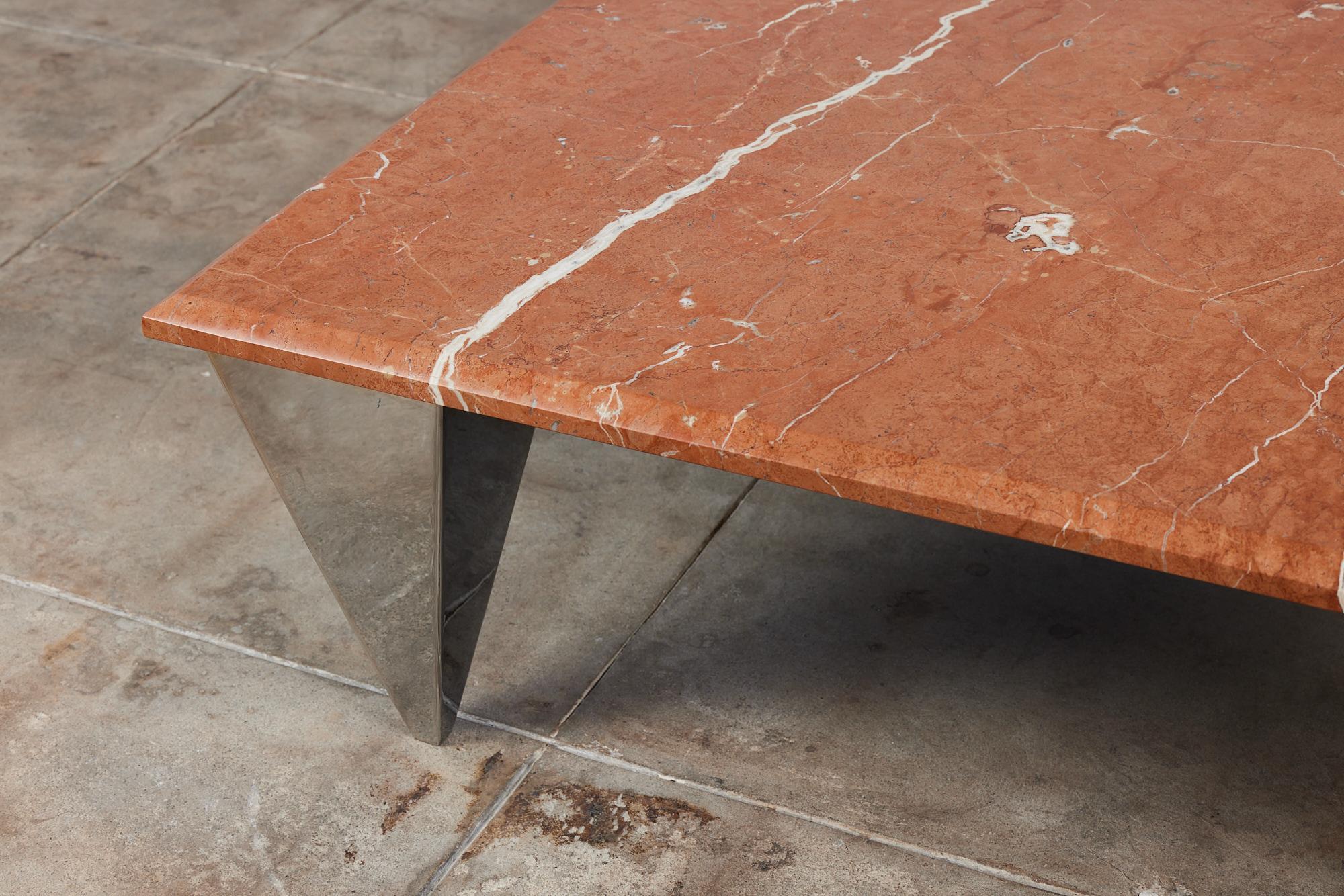 Red Marble Coffee Table with Angular Chrome Legs 4