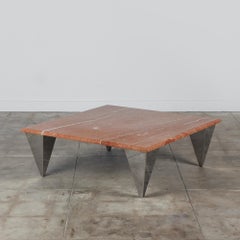 Red Marble Coffee Table with Angular Chrome Legs