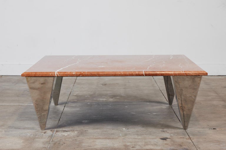 Red Marble Coffee Table with Angular Chrome Legs For Sale at 1stDibs