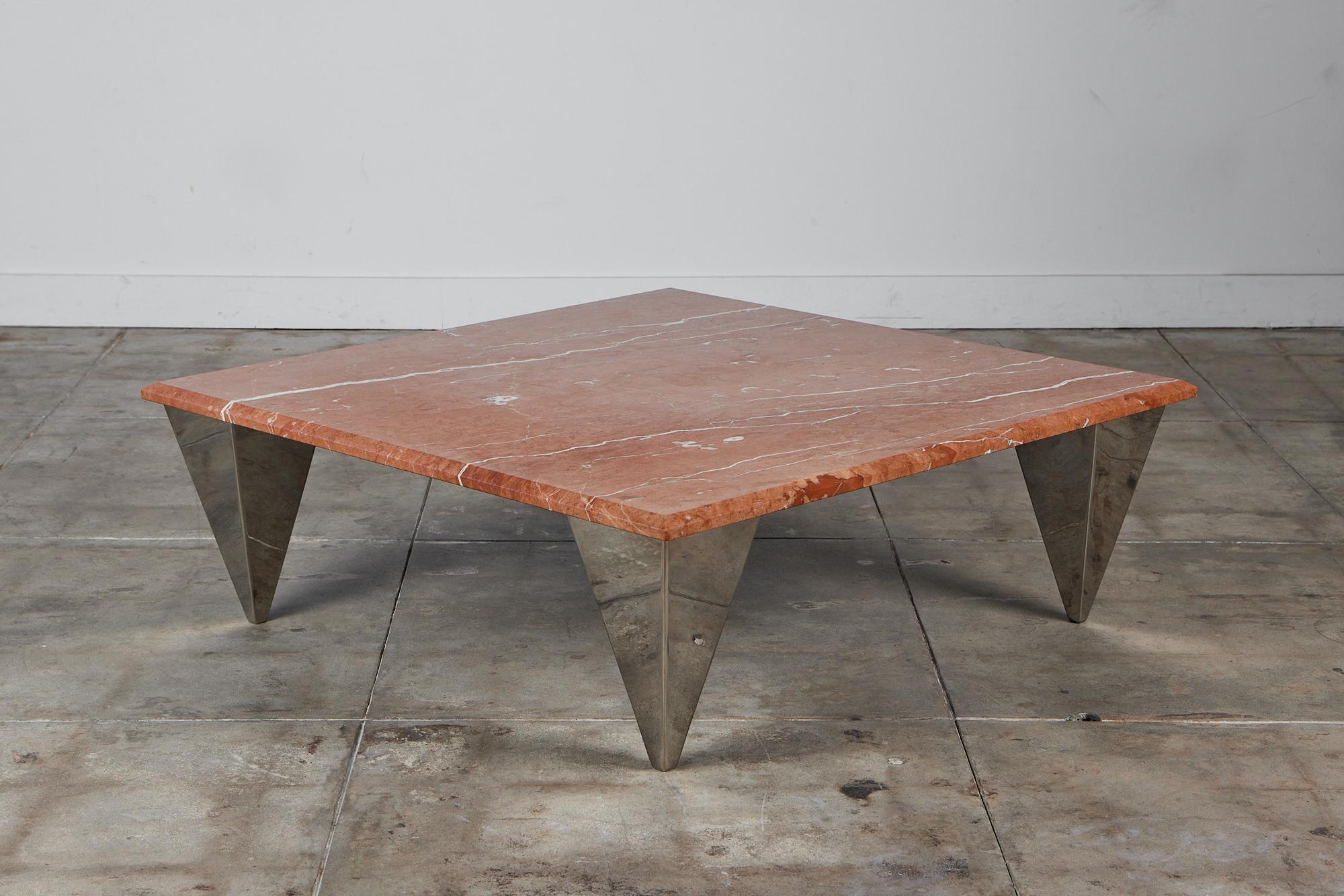 Post-Modern Red Marble Coffee Table with Angular Chrome Legs