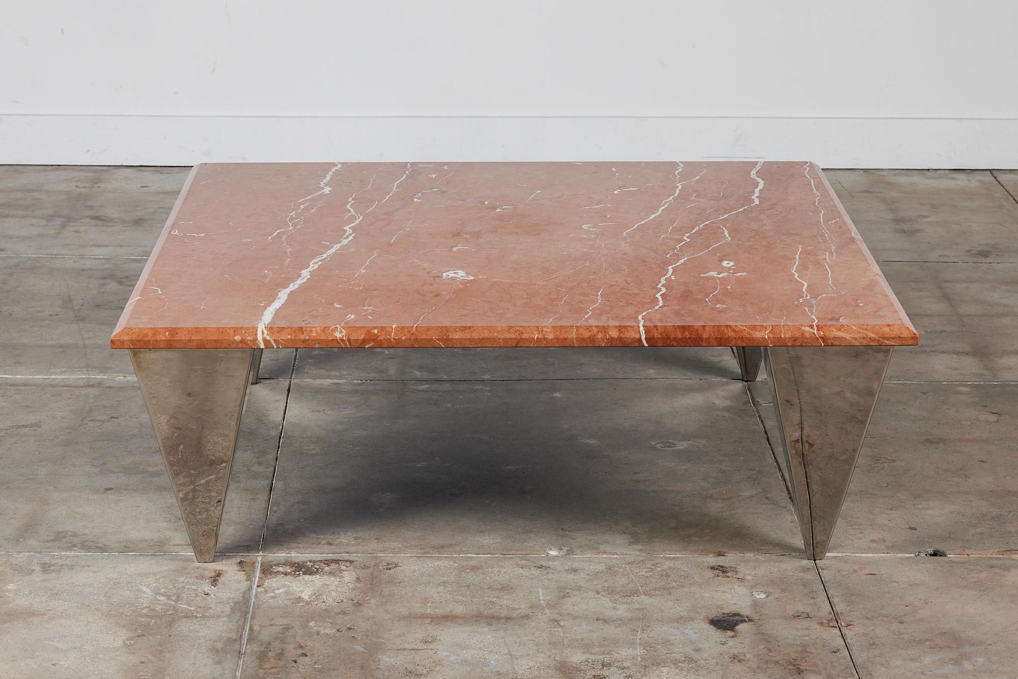 Red Marble Coffee Table with Angular Chrome Legs In Good Condition In Los Angeles, CA