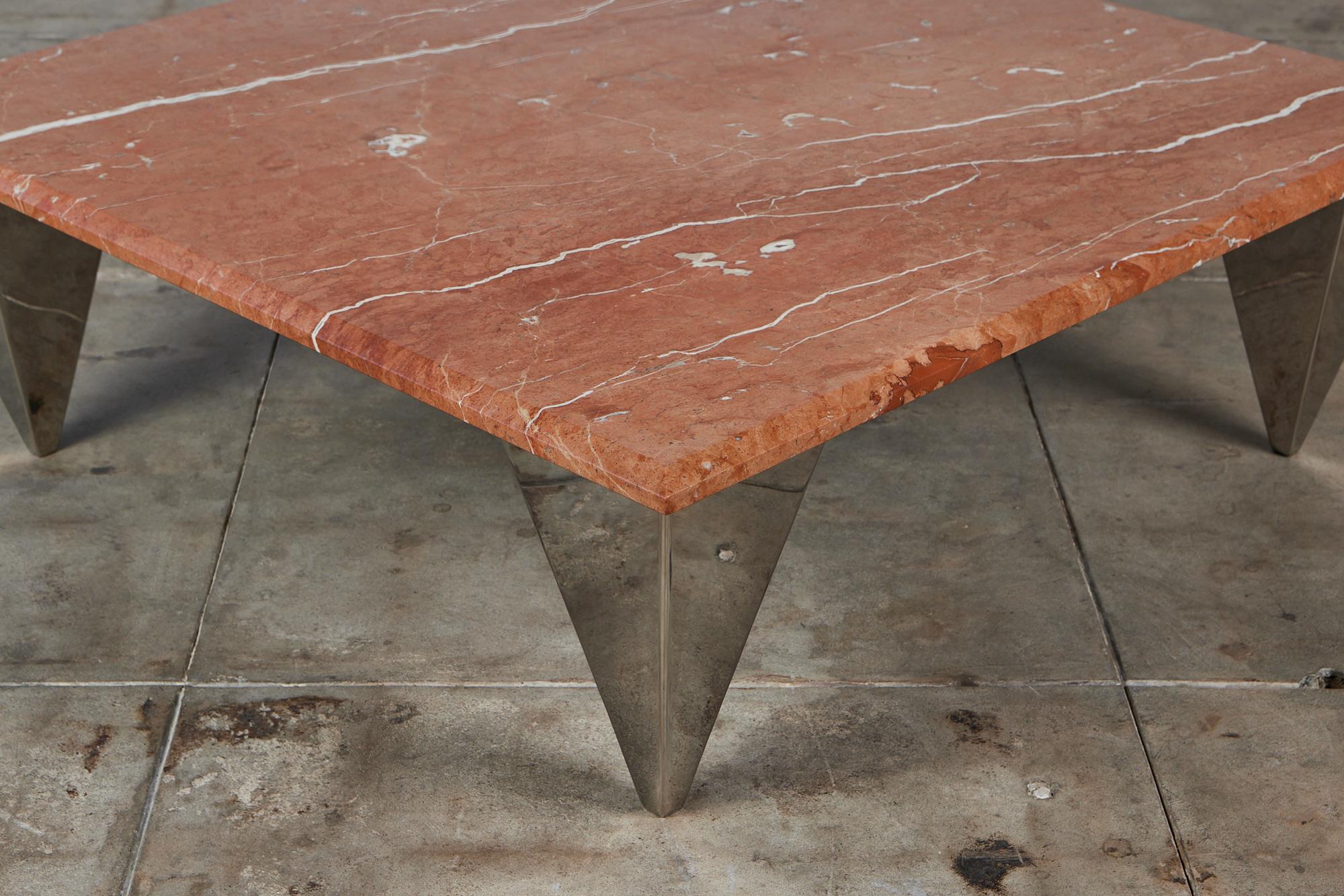 Red Marble Coffee Table with Angular Chrome Legs 2