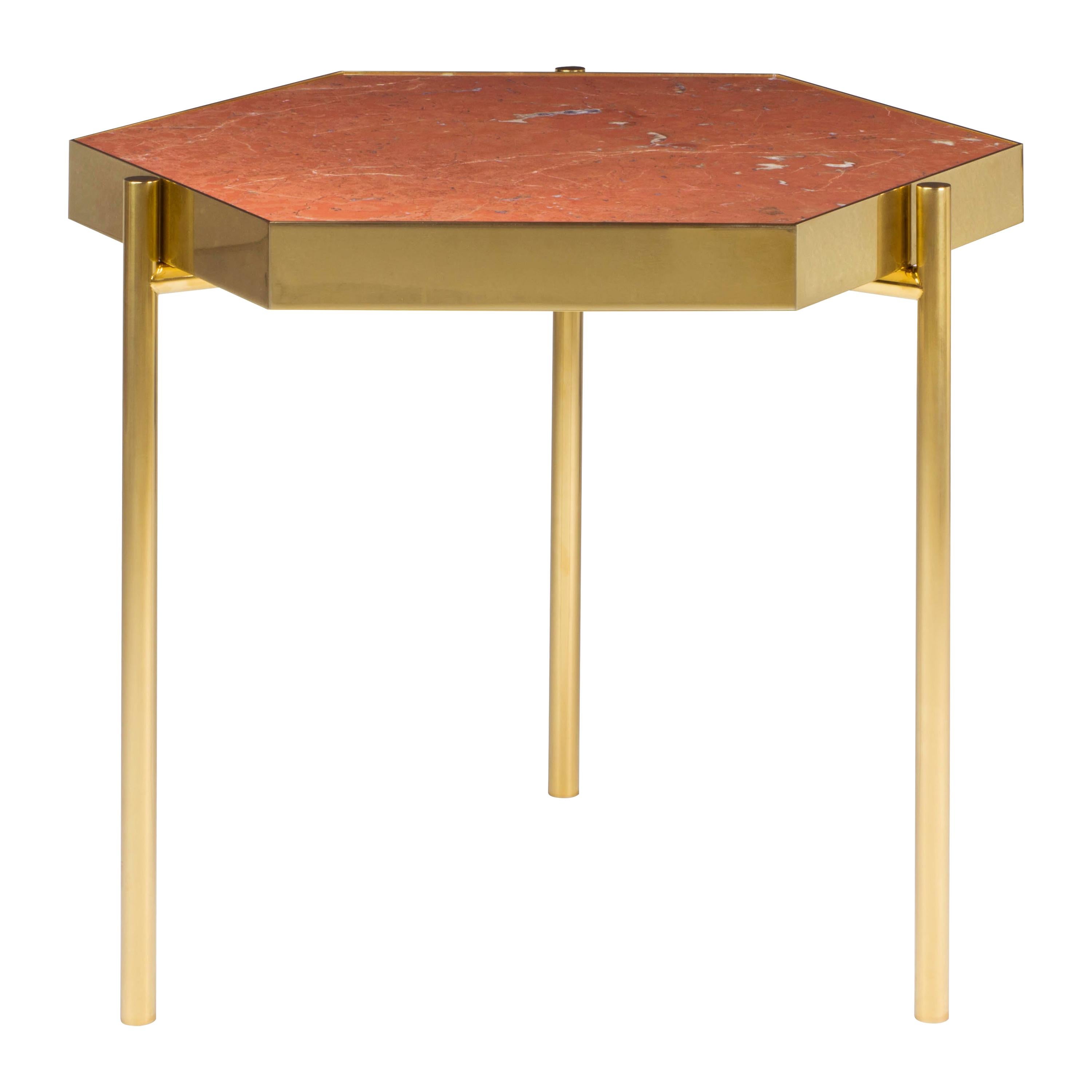 Red Marble Hexagonal Titanium Gold Side Table For Sale