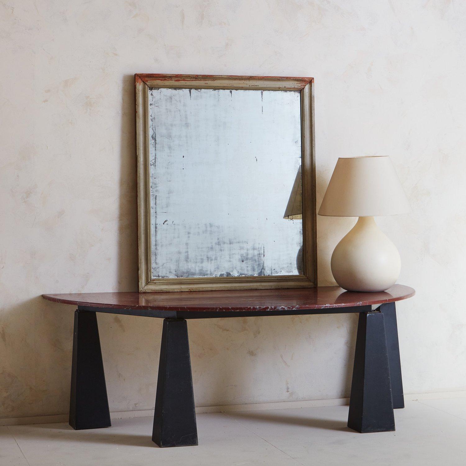 Mid-Century Modern Red Marble + Iron Base Demilune Console Table, Belgium 1980s For Sale