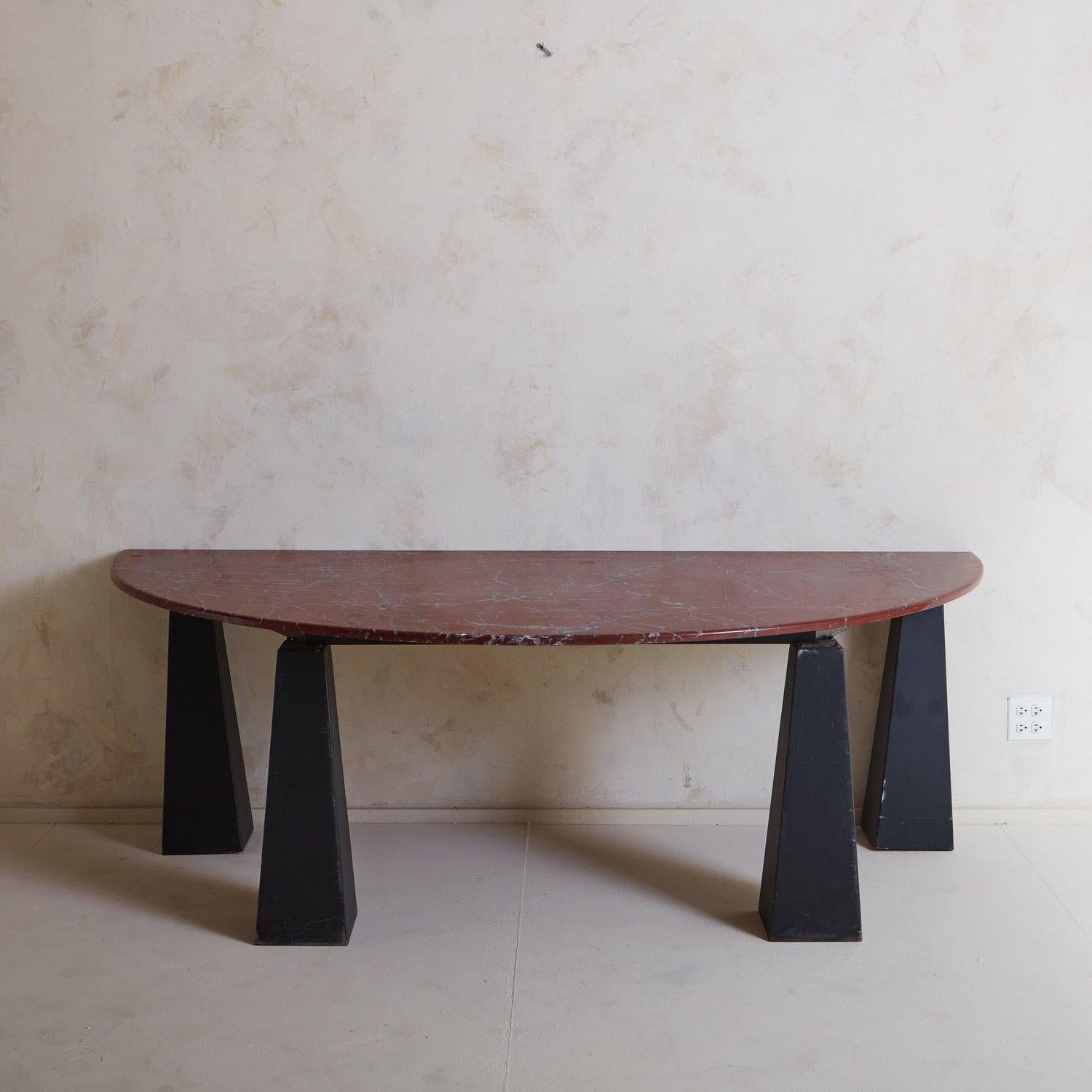 French Red Marble + Iron Base Demilune Console Table, Belgium 1980s For Sale