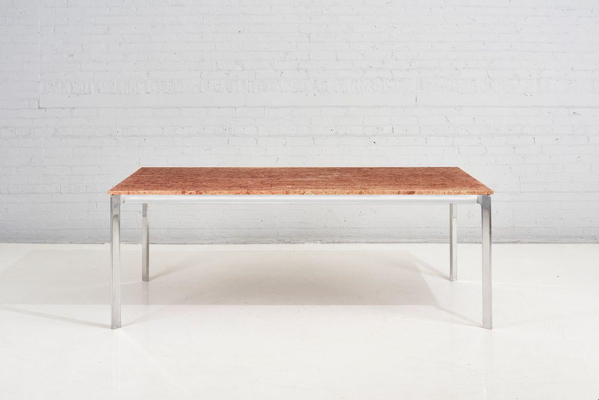 Red marble polished aluminum dining table, 1960.