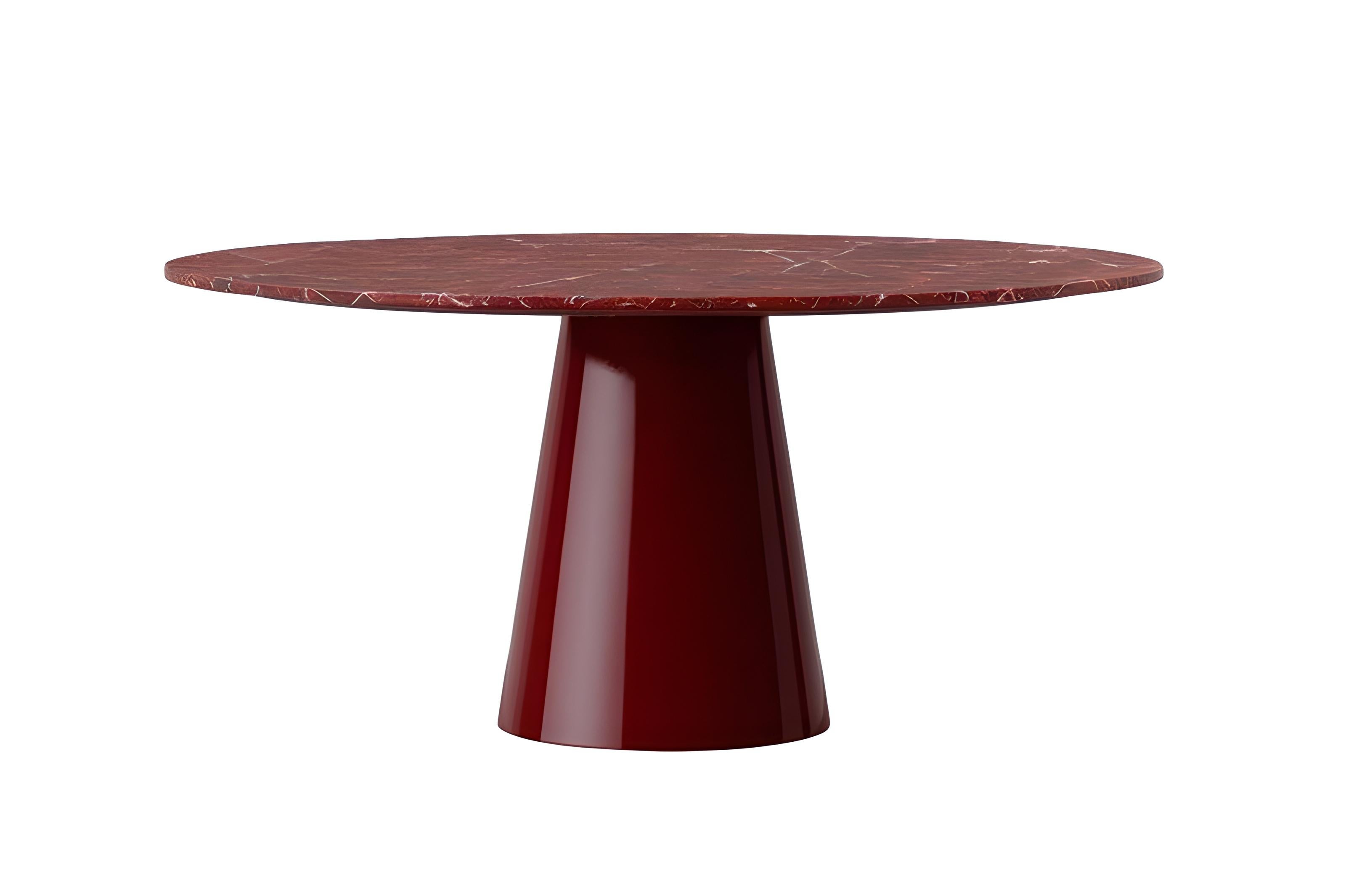 Mesa de Comedor Redonda de Mármol Rojo con Pedestal en Laca Borgoña Profunda- Mondo Design Moderno en venta