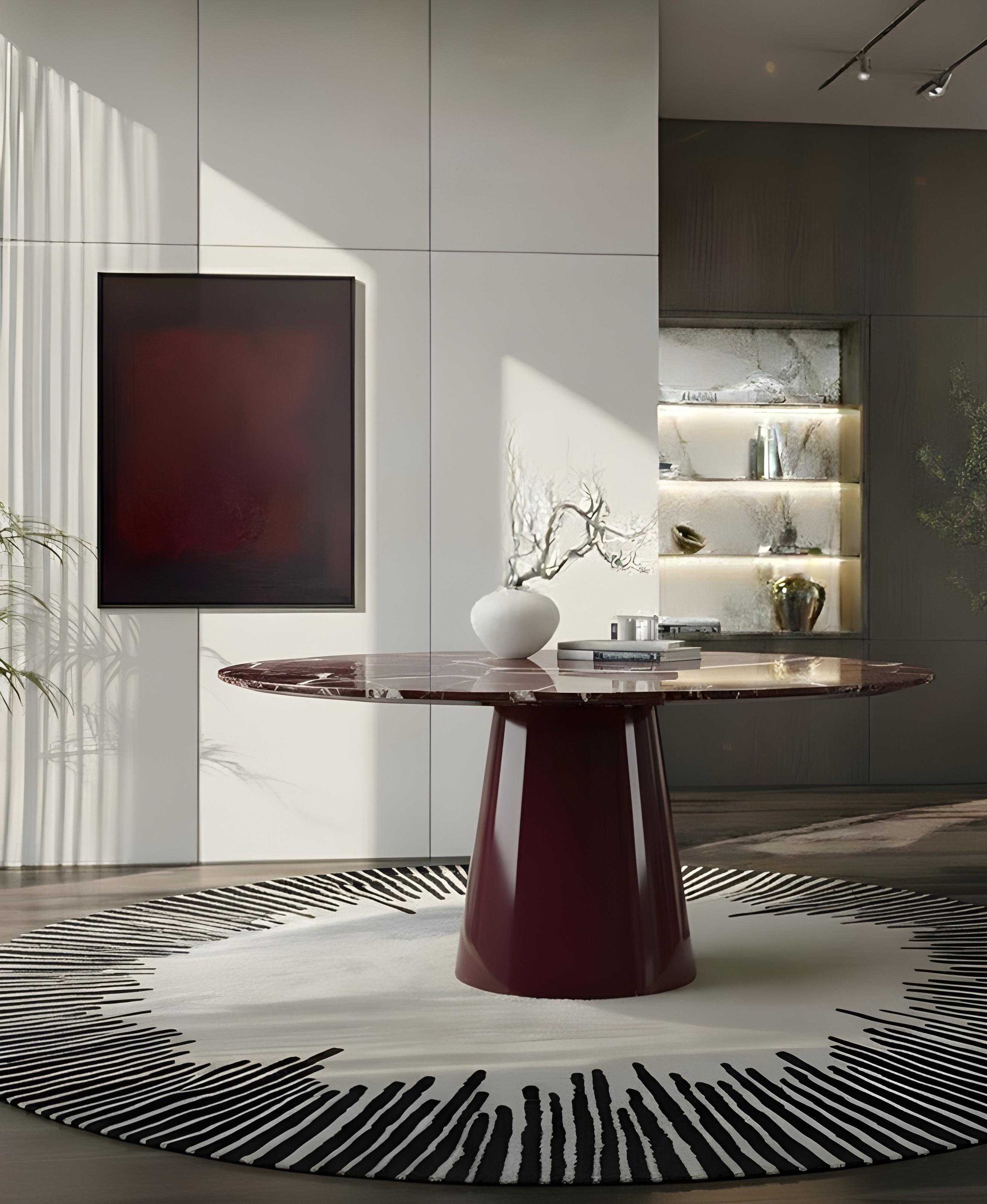 Mesa de Comedor Redonda de Mármol Rojo con Pedestal en Laca Borgoña Profunda- Mondo Design Portugués en venta
