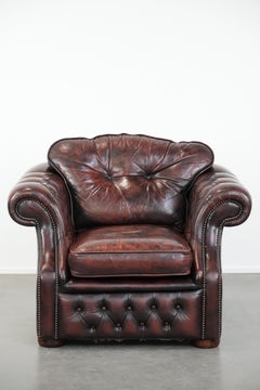 Poltrona Chesterfield in stile inglese in pelle di mucca marmorizzata rossa