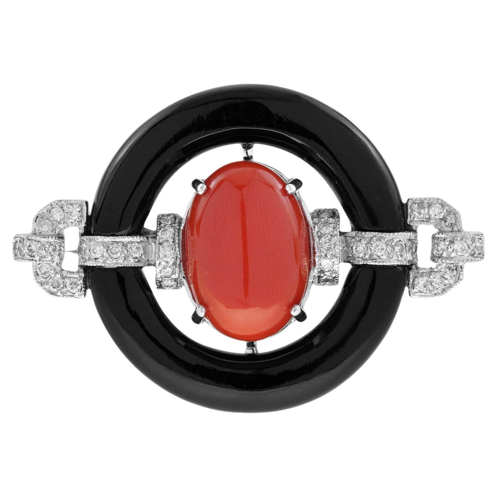 Red Maroon Coral Black Onyx Diamond Art Deco Style 14K White Gold Brooch Pin